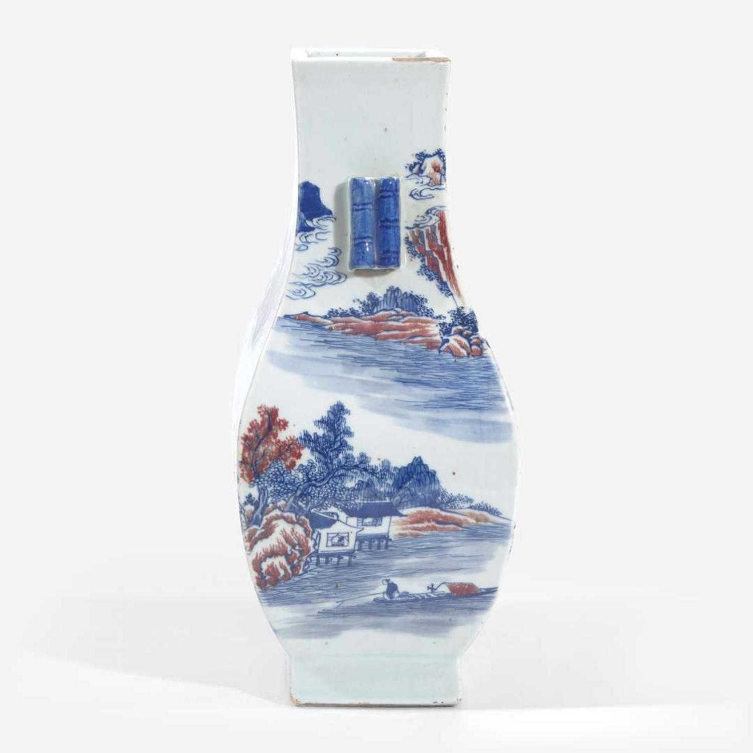 A Chinese underglaze blue and red-decorated vase, fanghu 青花釉里红方壶