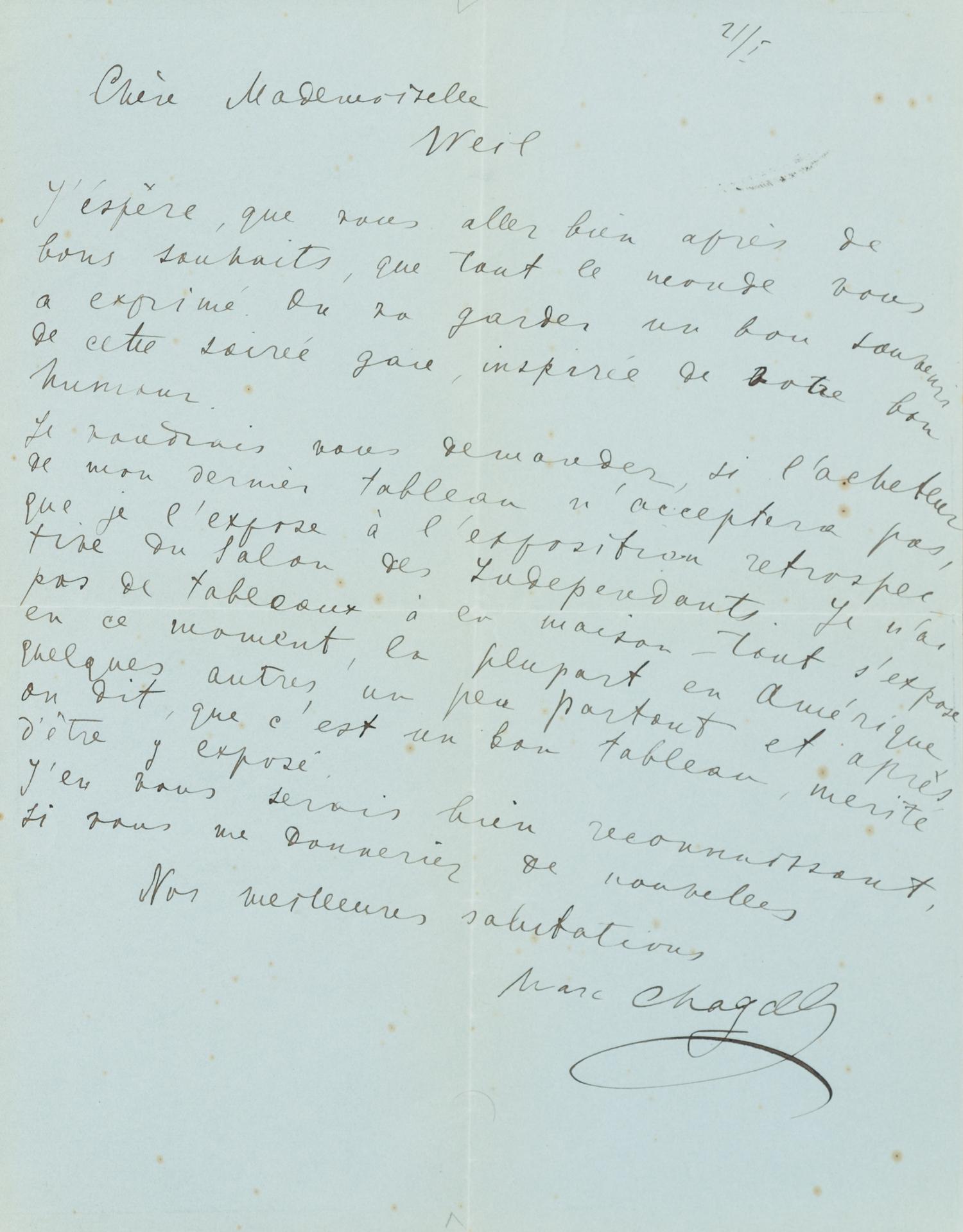 CHAGALL, Marc. Autographed letter signed ("Marc Chagall"), in French, to Mademoiselle [Nelle] Weil, n.p., 21 January, no year.