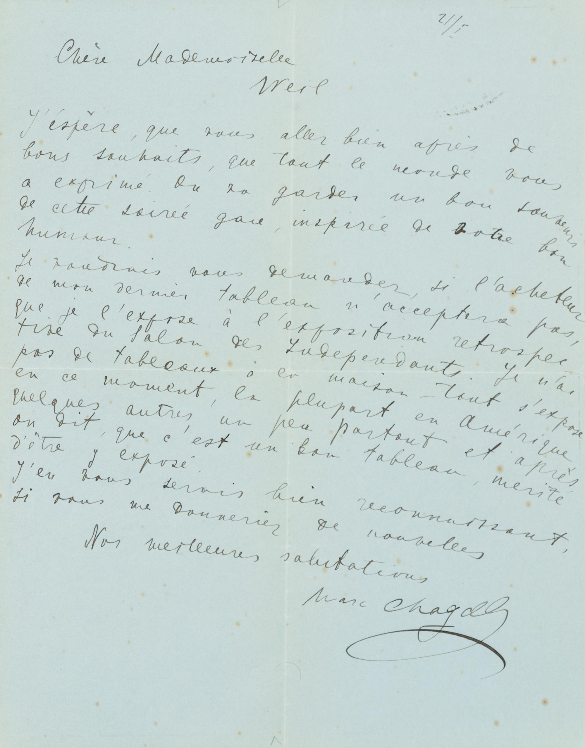 CHAGALL, Marc. Autographed letter signed ("Marc Chagall"), in French, to Mademoiselle [Nelle] Weil, n.p., 21 January, no year.
