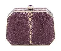 A Judith Leiber Purple Shagreen and Crystal Clutch, 4" x 3" x 1.5".