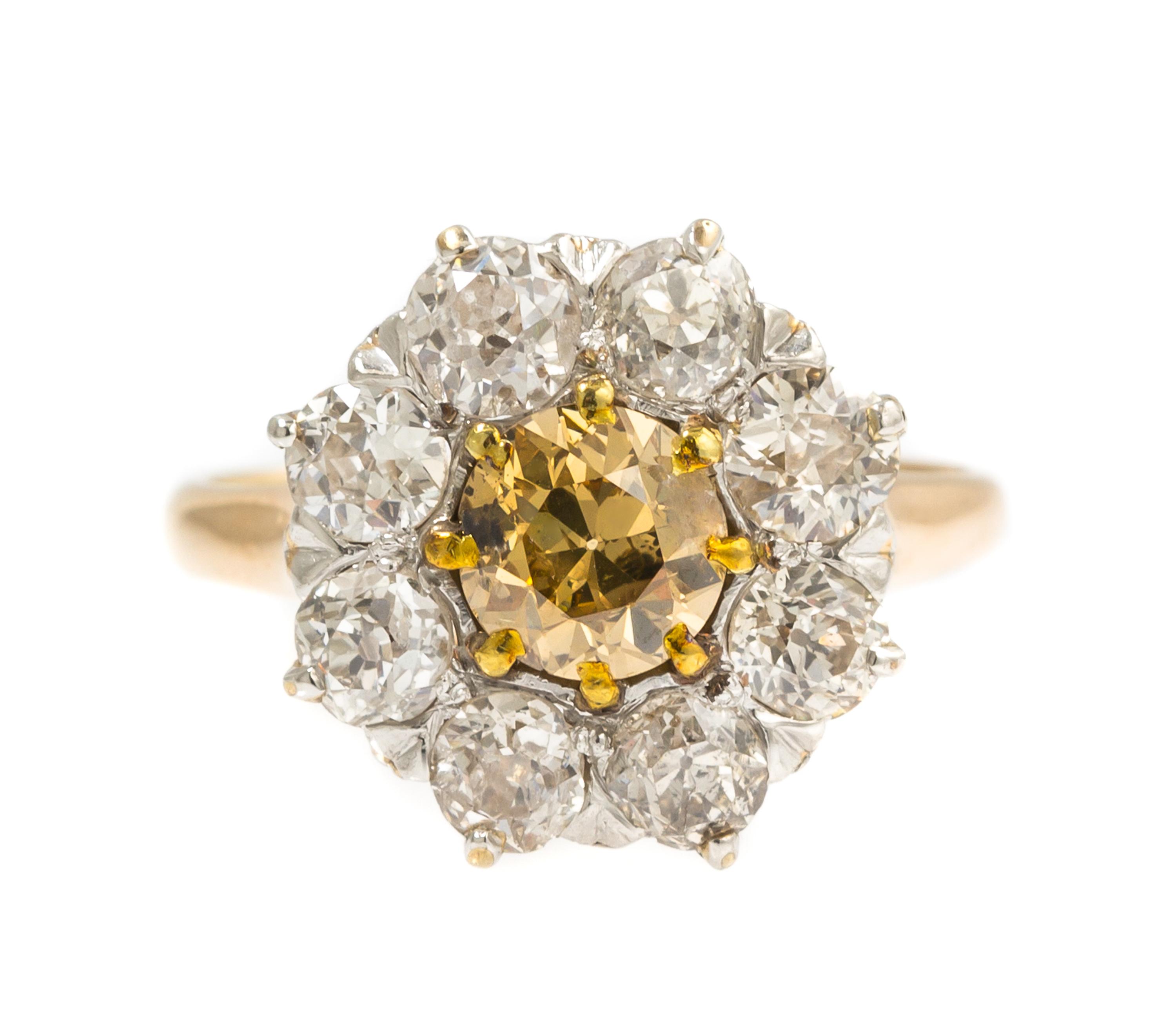 An Antique Yellow and White Gold, Colored Diamond and Diamond Ring, 2.50 dwts.