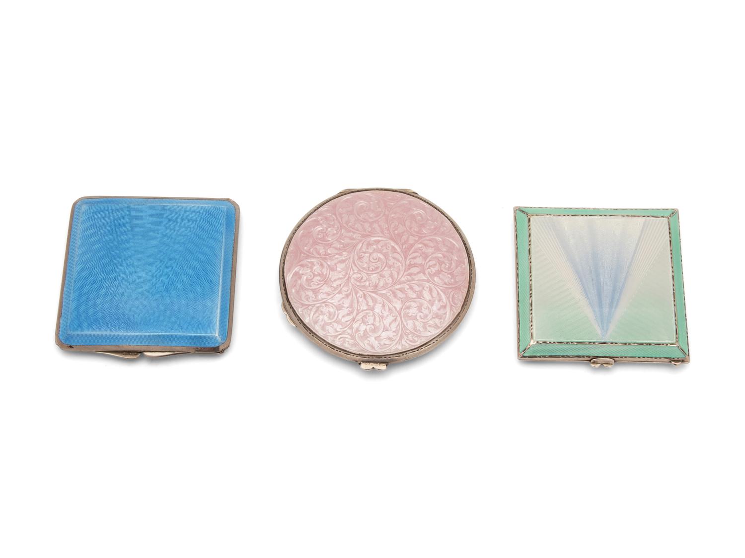 Three English Art Deco Guilloche Enamel Silver Compacts