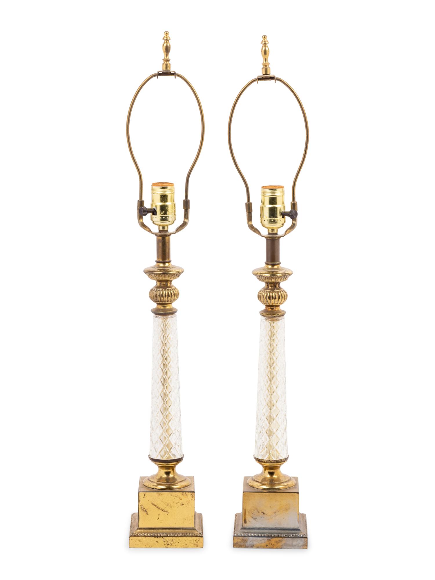 A Pair of Gilt Metal and Cut Glass Mounted Lamps