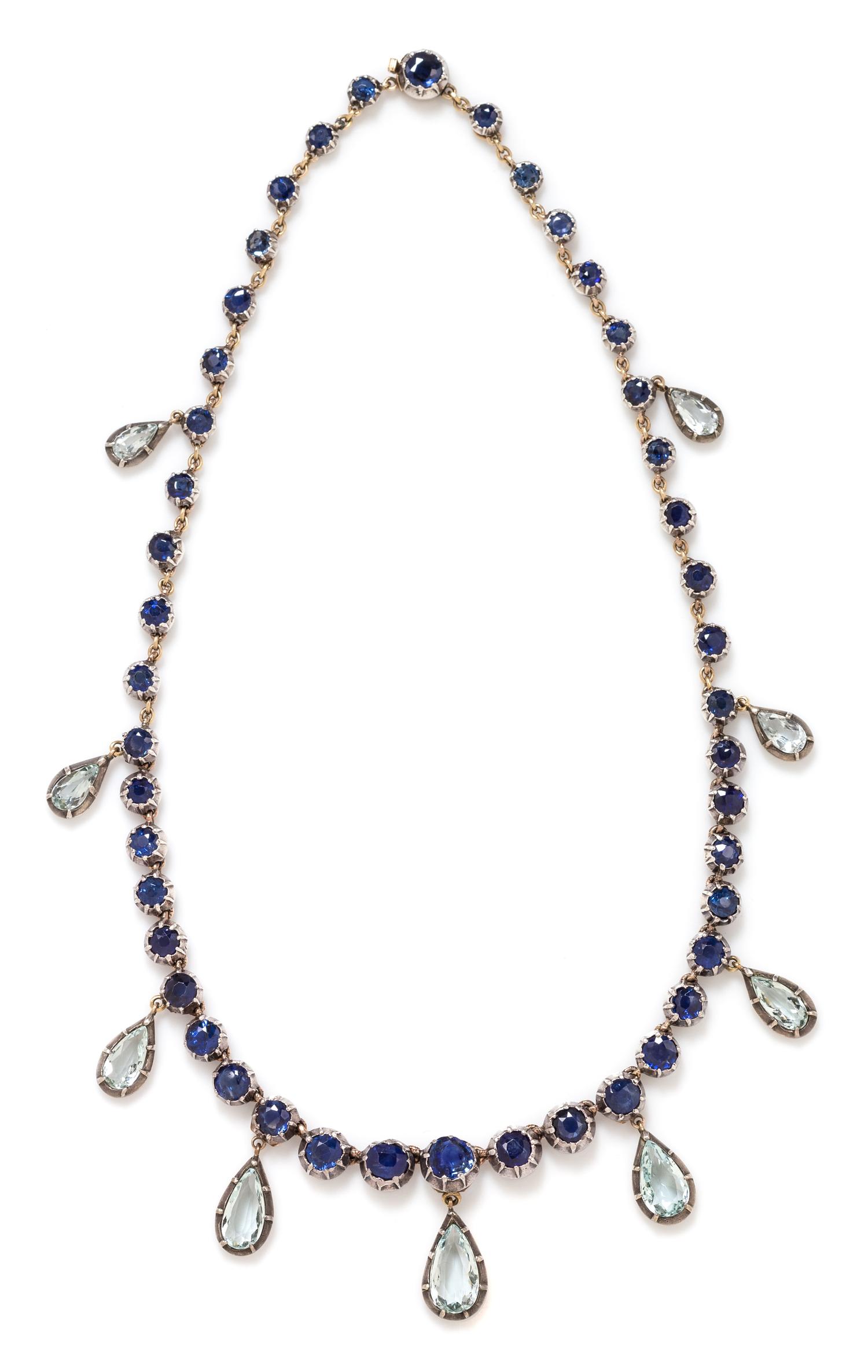 An Antique Silver, Yellow Gold, Sapphire and Aquamarine Fringe Necklace, 30.65 dwts.