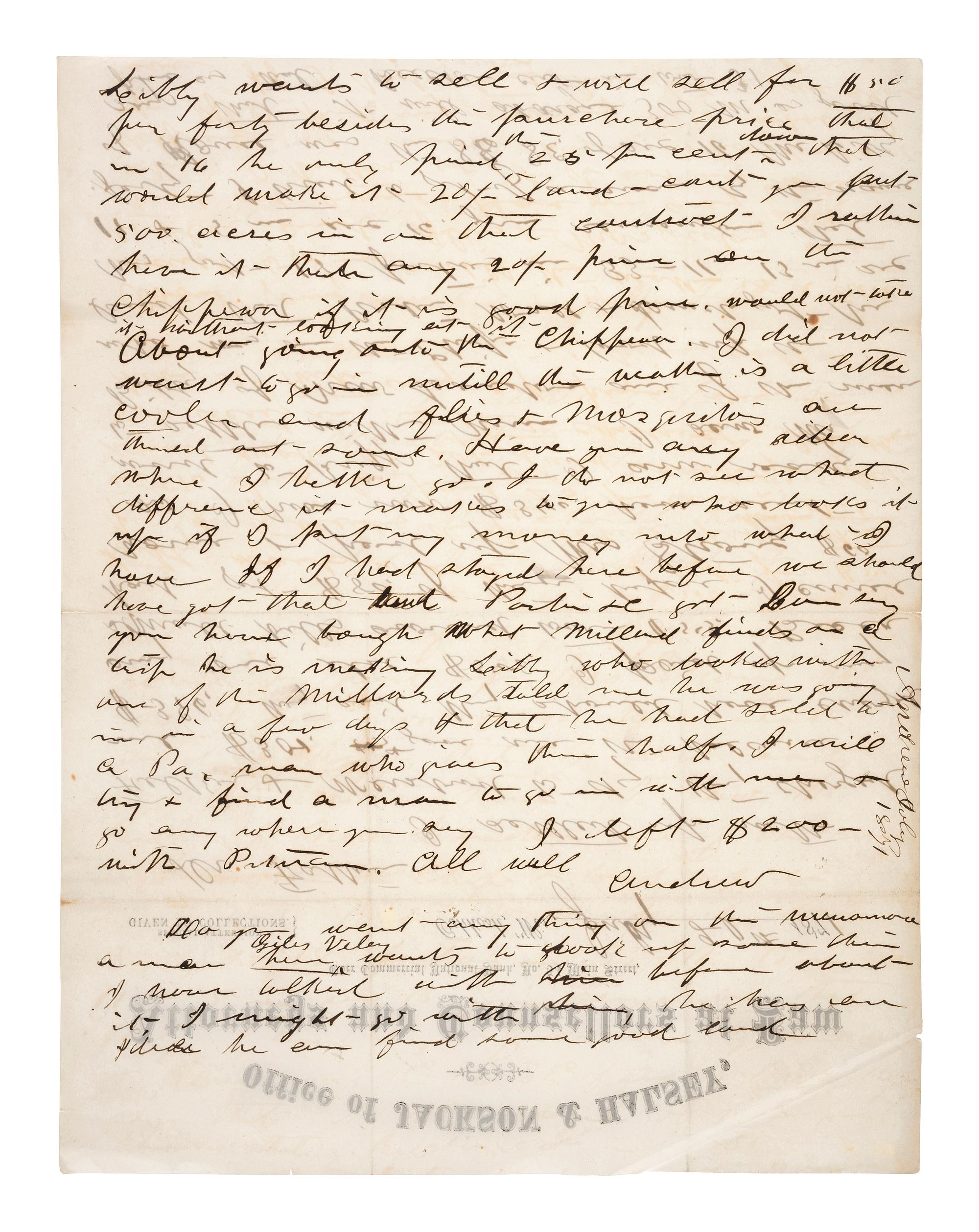 [CHICAGO]. Archive of letters and documents of Andrew B. JACKSON, founder of Rogers Park, IL, and his son Andrew JACKSON.