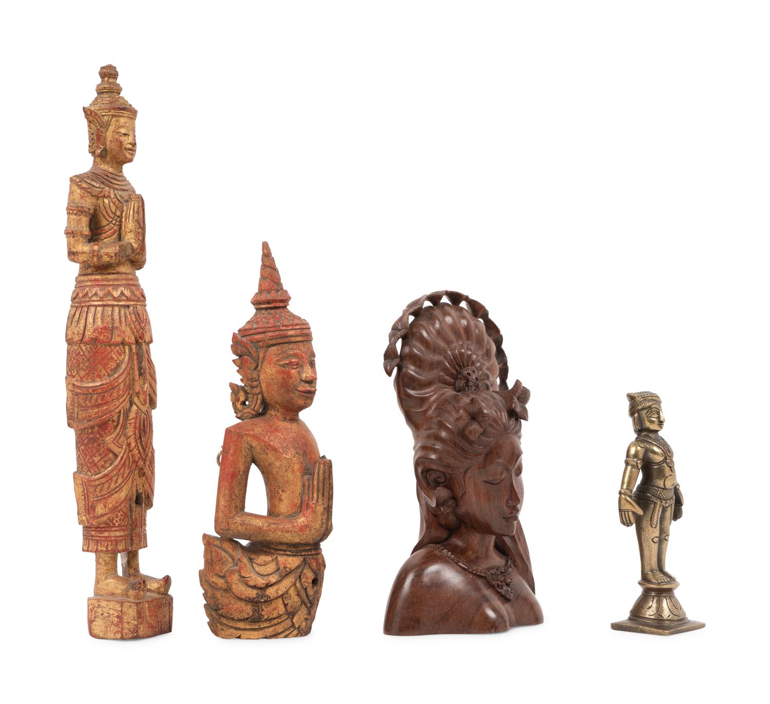 An Indonesian Carved Wood Bust, Two Thai Giltwood Figures and an Indian Brass Figure