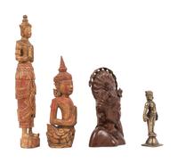An Indonesian Carved Wood Bust, Two Thai Giltwood Figures and an Indian Brass Figure