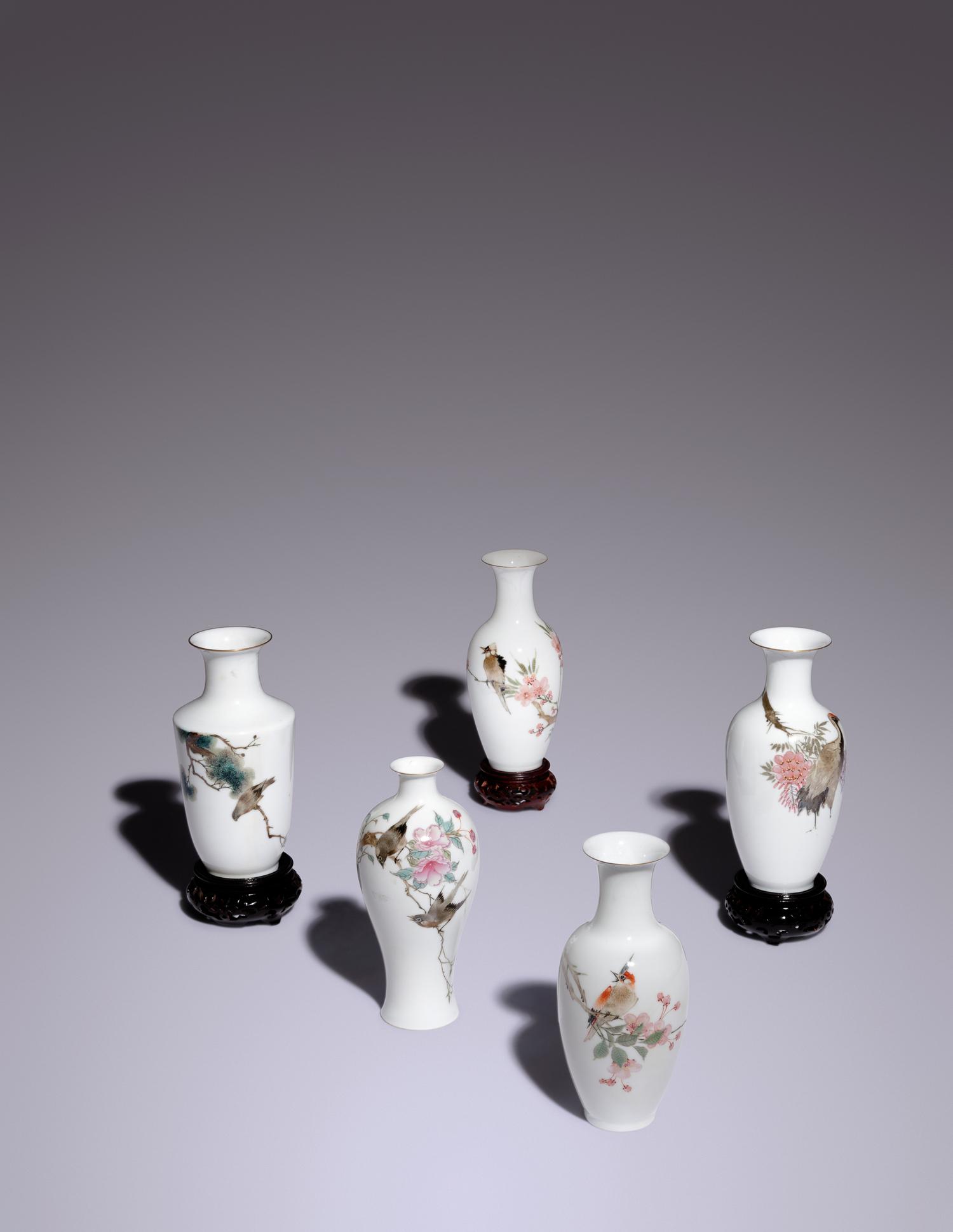 Five Famille Rose Eggshell Porcelain 'Birds' Vases