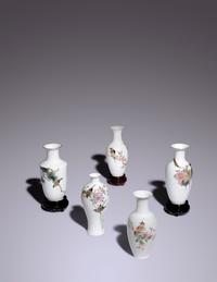 Five Famille Rose Eggshell Porcelain 'Birds' Vases