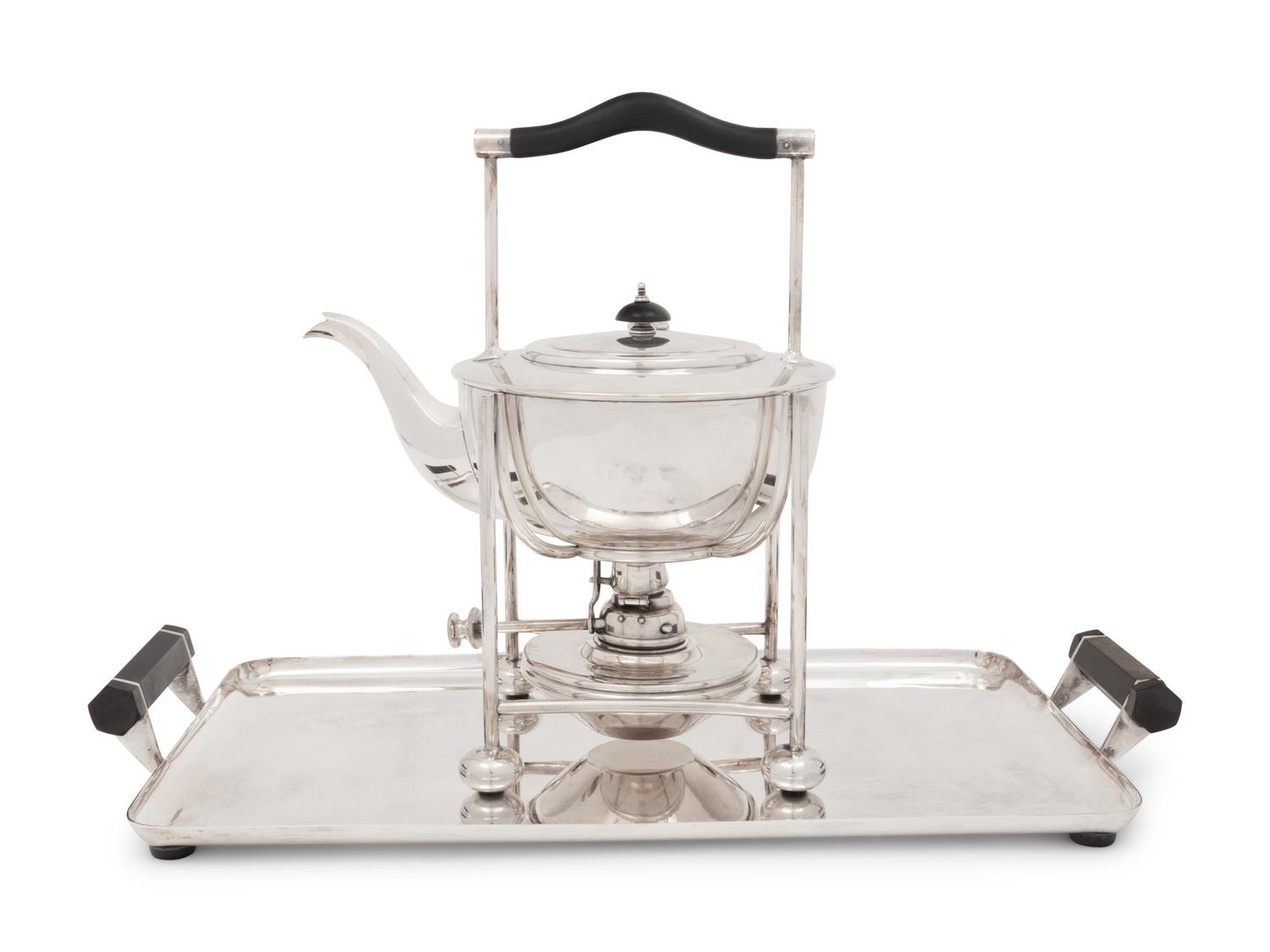 An English Arts & Crafts Silver-Plate Teapot and Stand with an Associated Serving Tray