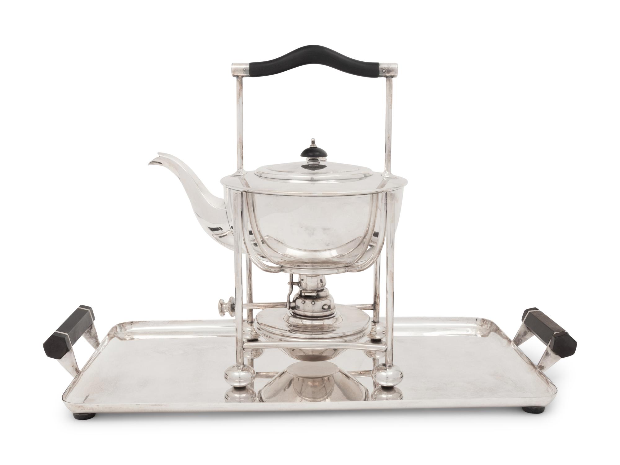 An English Arts & Crafts Silver-Plate Teapot and Stand with an Associated Serving Tray
