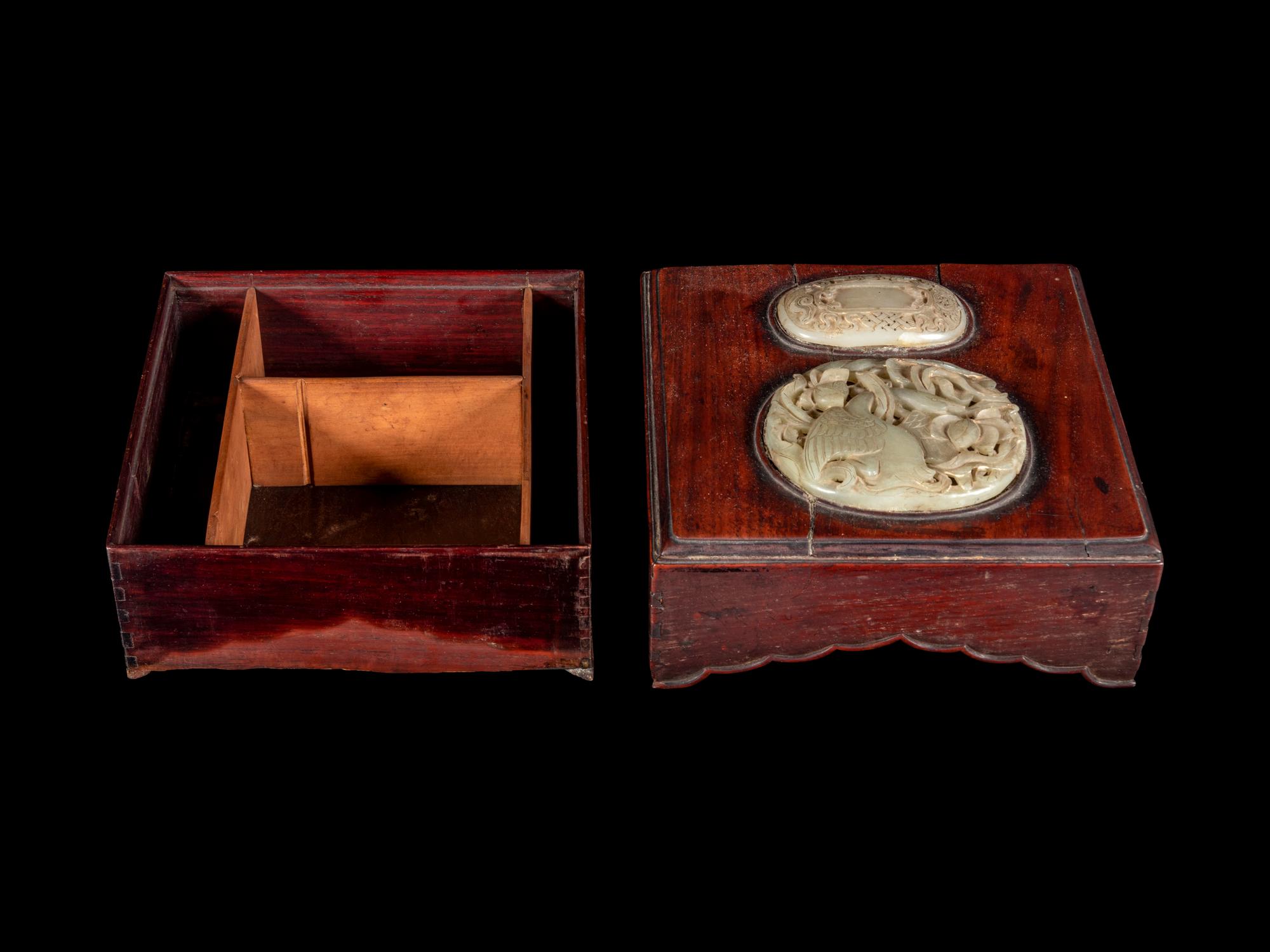 A Celadon Jade Inset Huanghuali Wood Cover Box