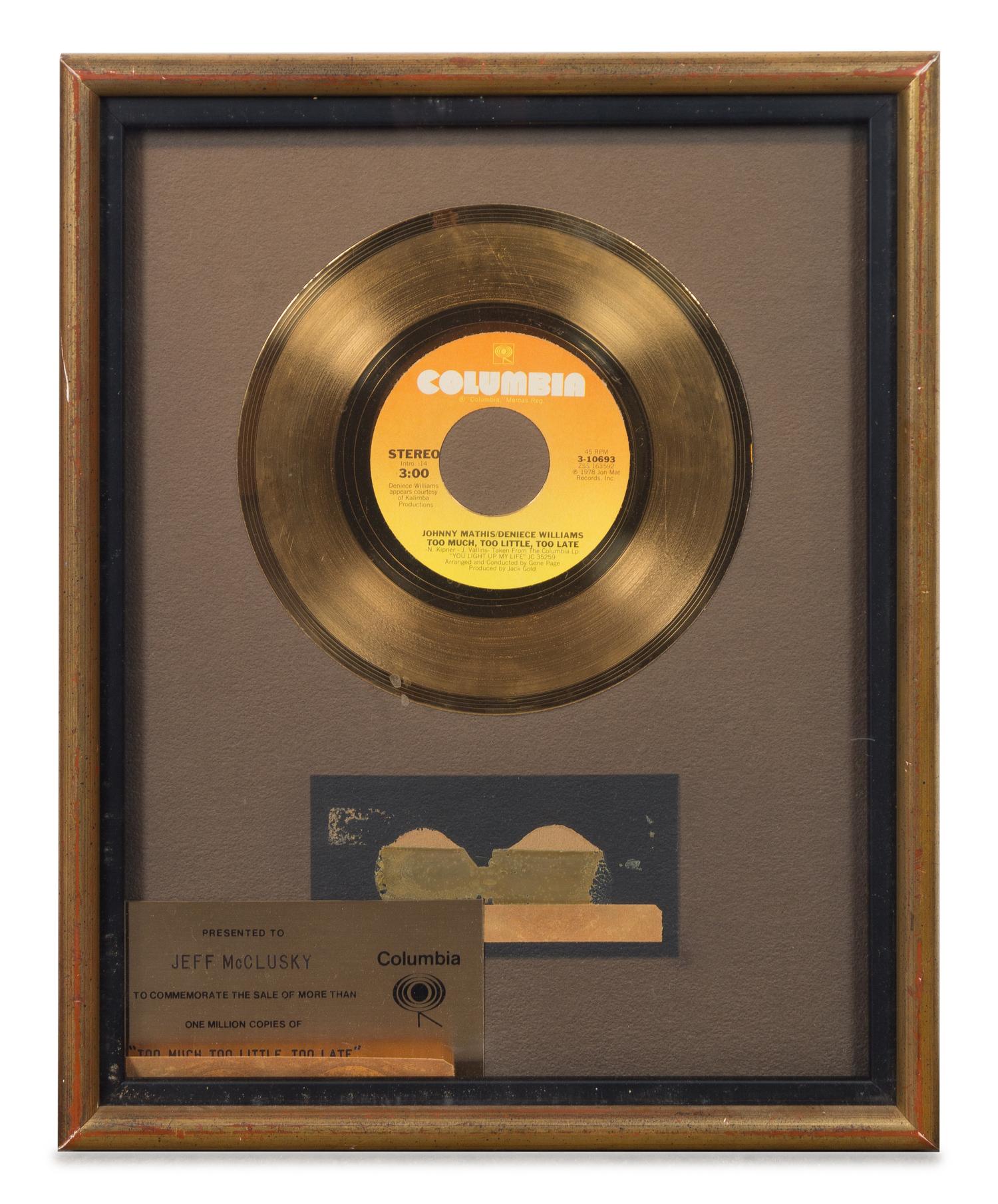 A Johnny Mathis/Deniece Williams: Too Much, Too Little, Too Late Columbia Records 1 Million Copies Sold Presentation Album 14 3/4 x 11