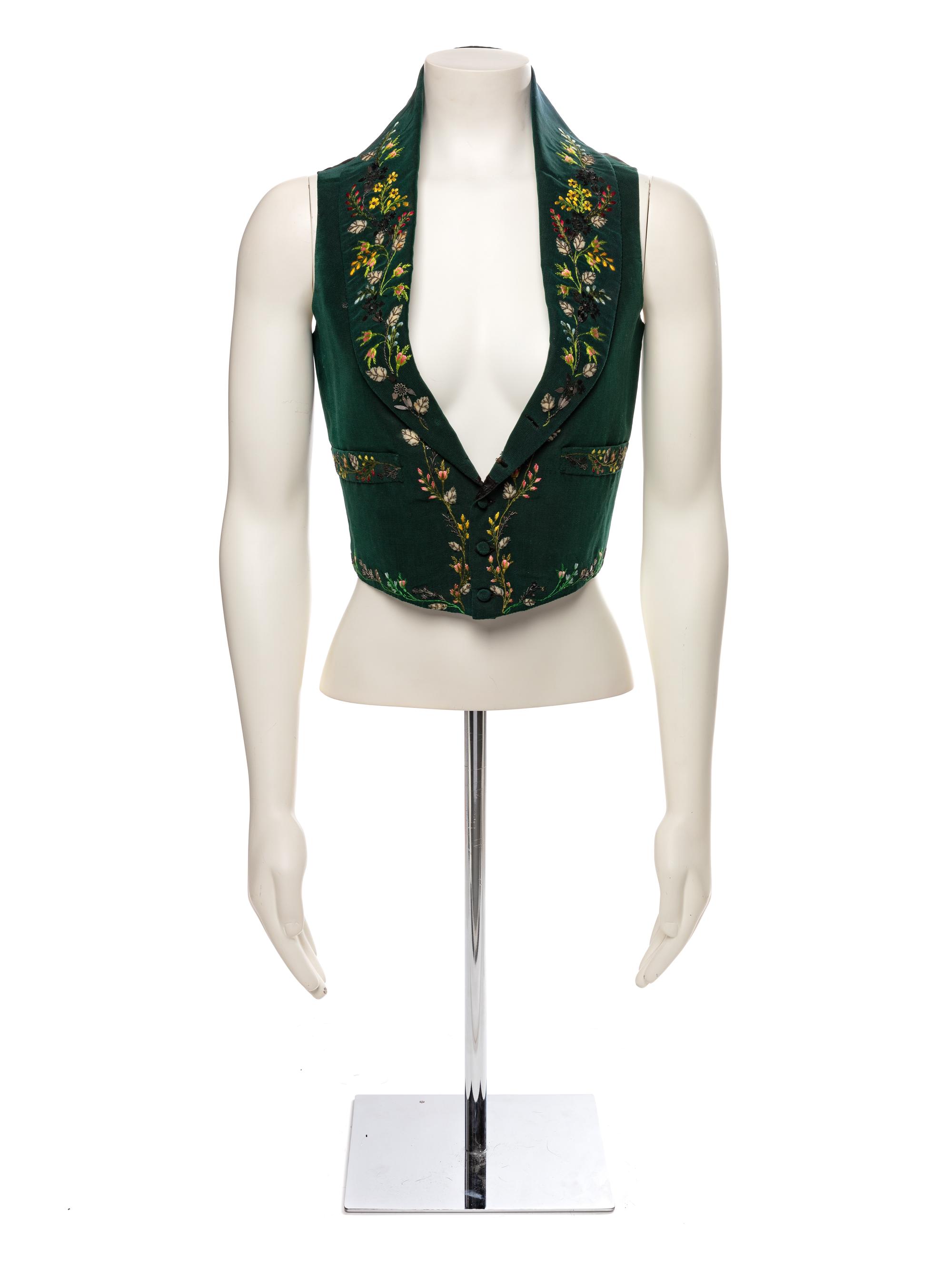 Men's Embroidered Green Ribbed Silk Waistcoat, 1830s