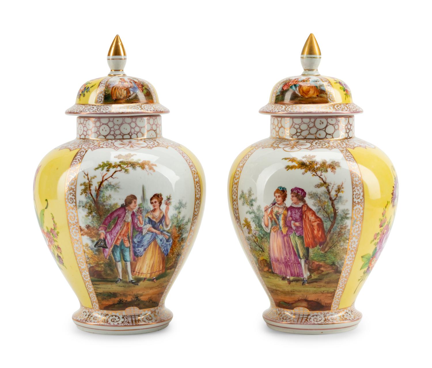 A Pair of Dresden Porcelain Covered Urns