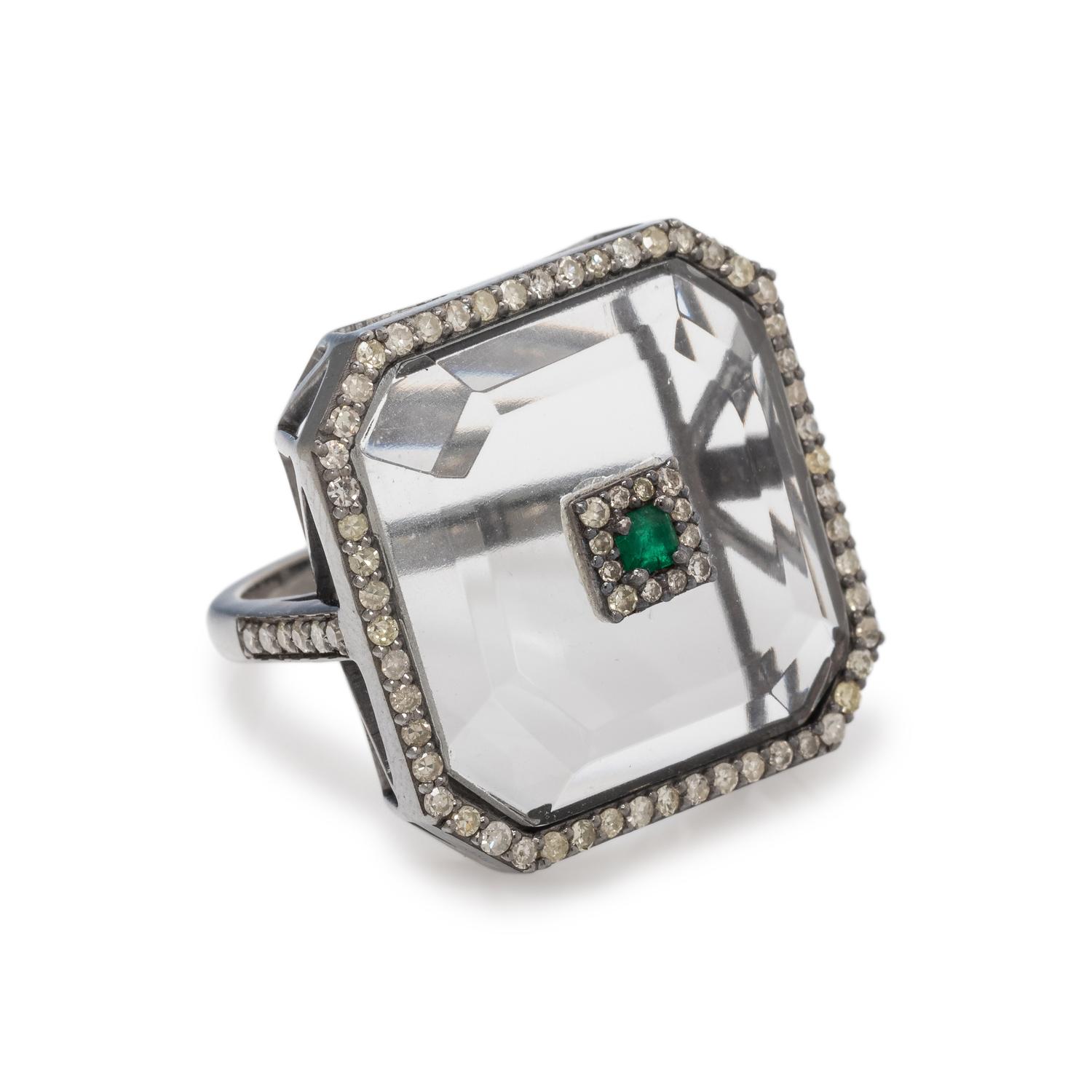 RESIN, EMERALD AND DIAMOND RING