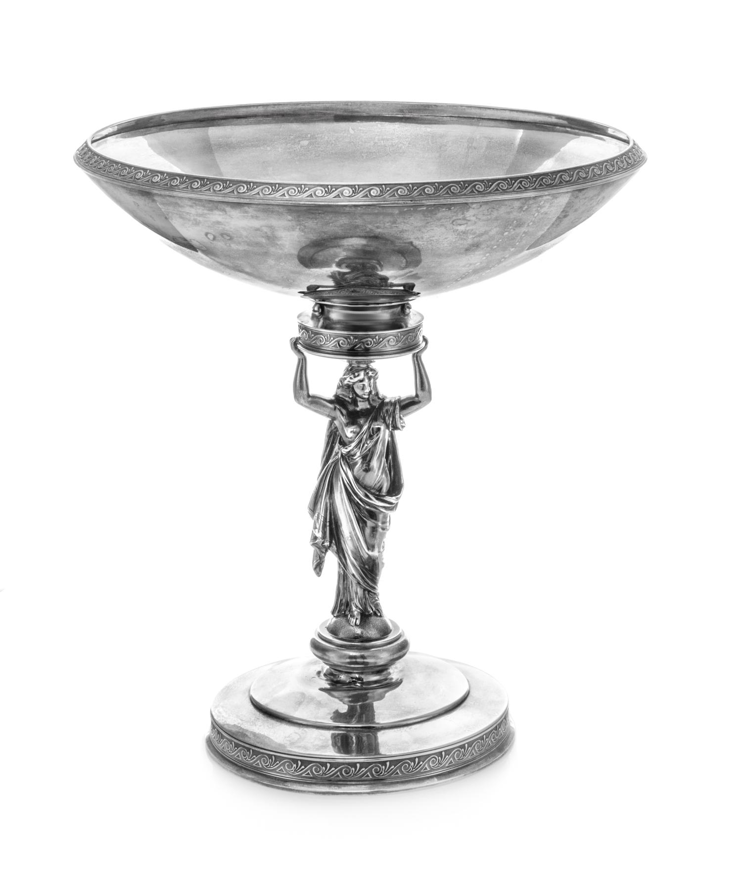 An American Silver Center Bowl, Gorham Mfg. Co. for Tiffany & Co., Providence, RI, 1871, the Greek meander decorated rim above the cary