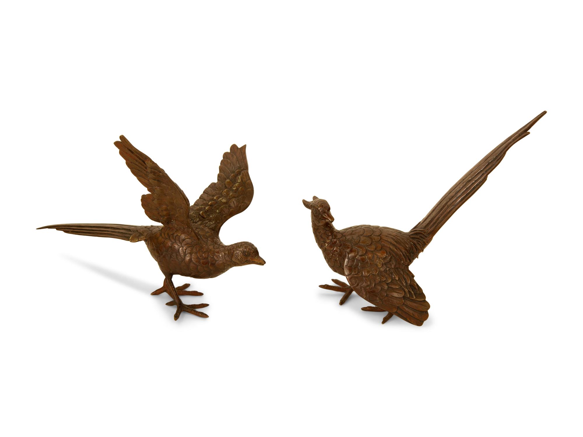 A Pair of Patinated Bronze Figures of Pheasants — 20th Century