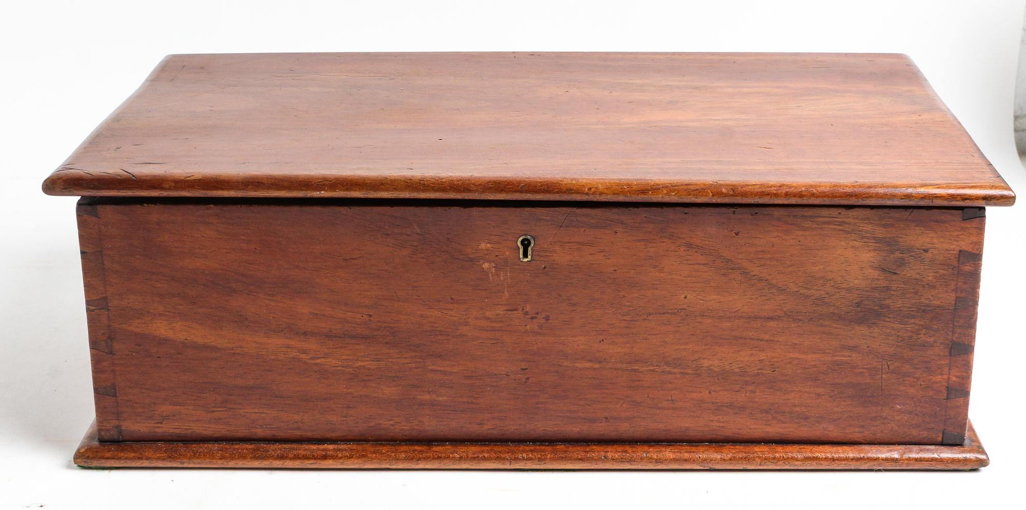 A Mahogany Workbox Height 6 x width 17 7/8 x depth 9 3/4 inches.