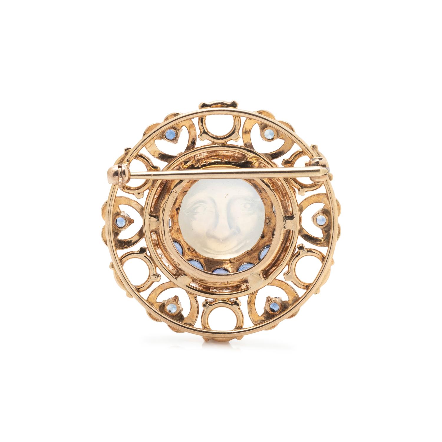 MOONSTONE, SAPPHIRE AND DIAMOND BROOCH