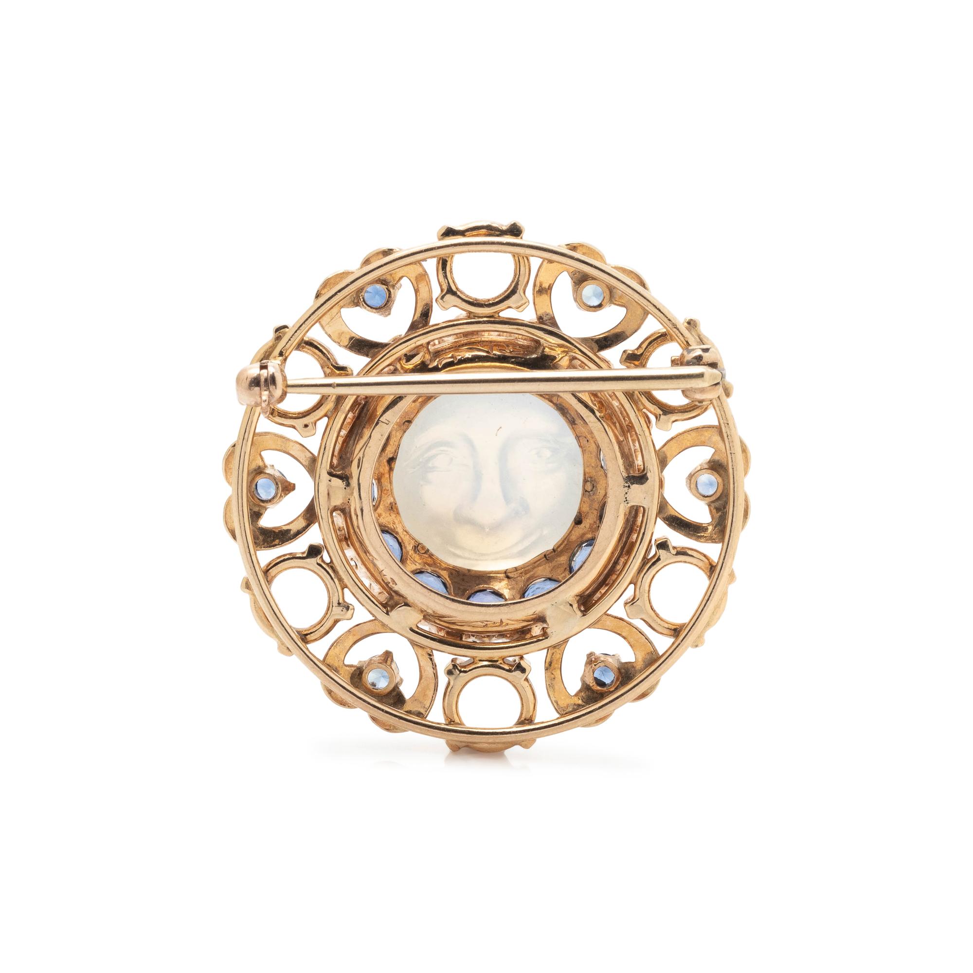 MOONSTONE, SAPPHIRE AND DIAMOND BROOCH