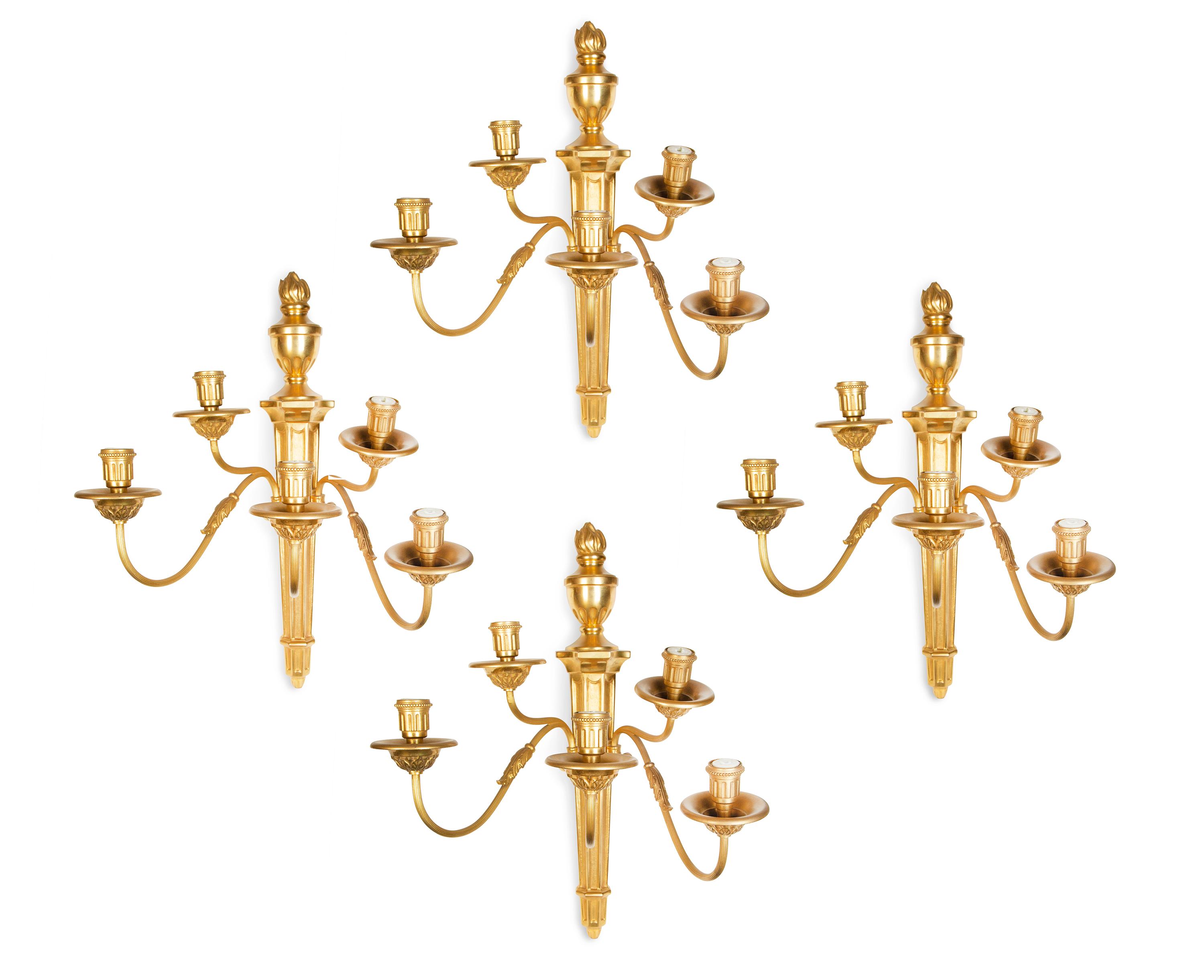 A Set of Four Gilt Bronze Five-Light Sconces