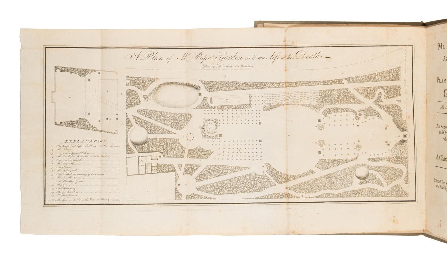 [Pope, Alexander (1688-1744)]. Serle, John. A Plan of Mr. Pope's Garden, As it was left at his Death: with a Plan and Perspective View of the Grotto . London: R. Dodsley for M. Cooper, 1745.