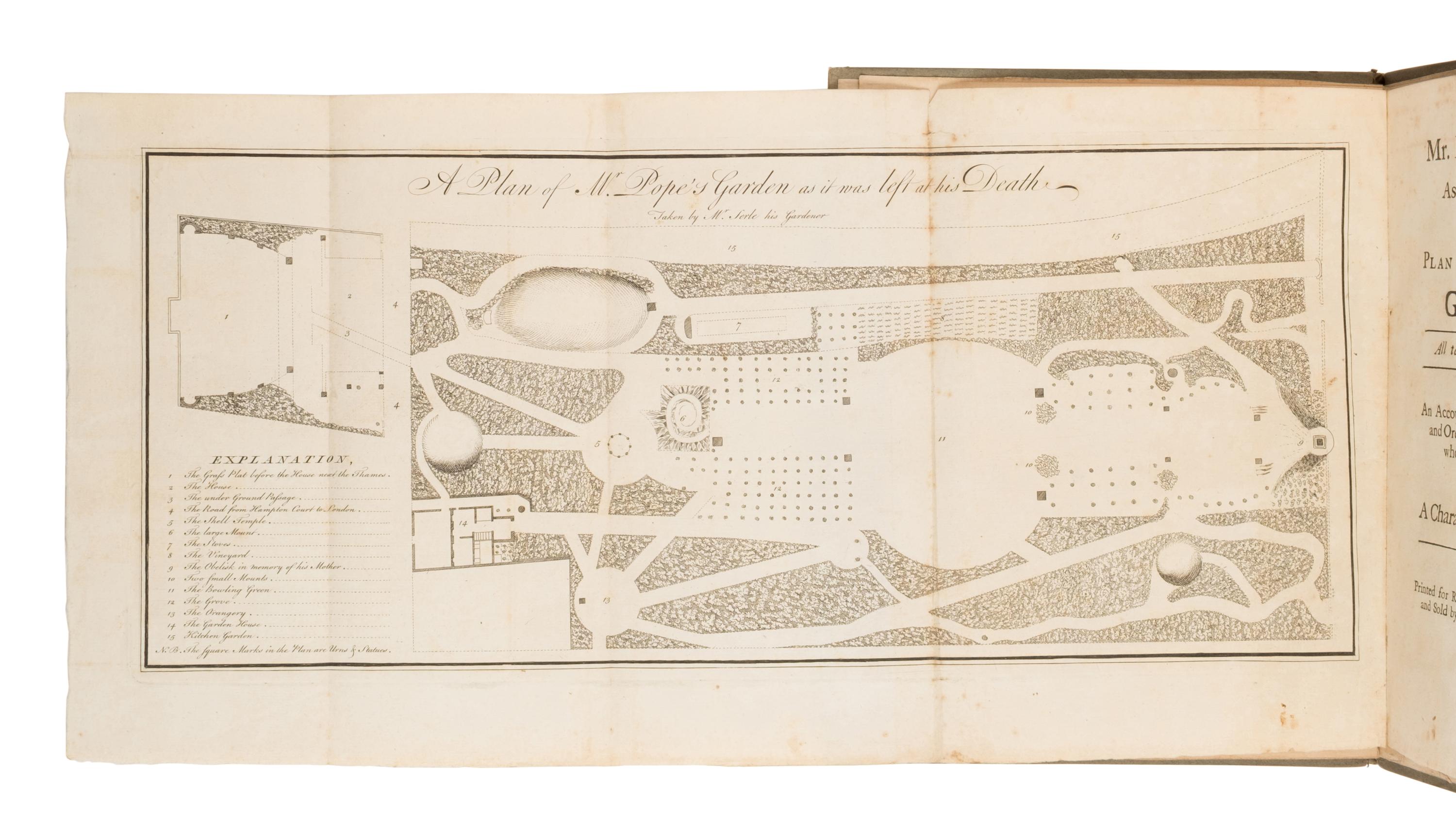 [Pope, Alexander (1688-1744)]. Serle, John. A Plan of Mr. Pope's Garden, As it was left at his Death: with a Plan and Perspective View of the Grotto . London: R. Dodsley for M. Cooper, 1745.