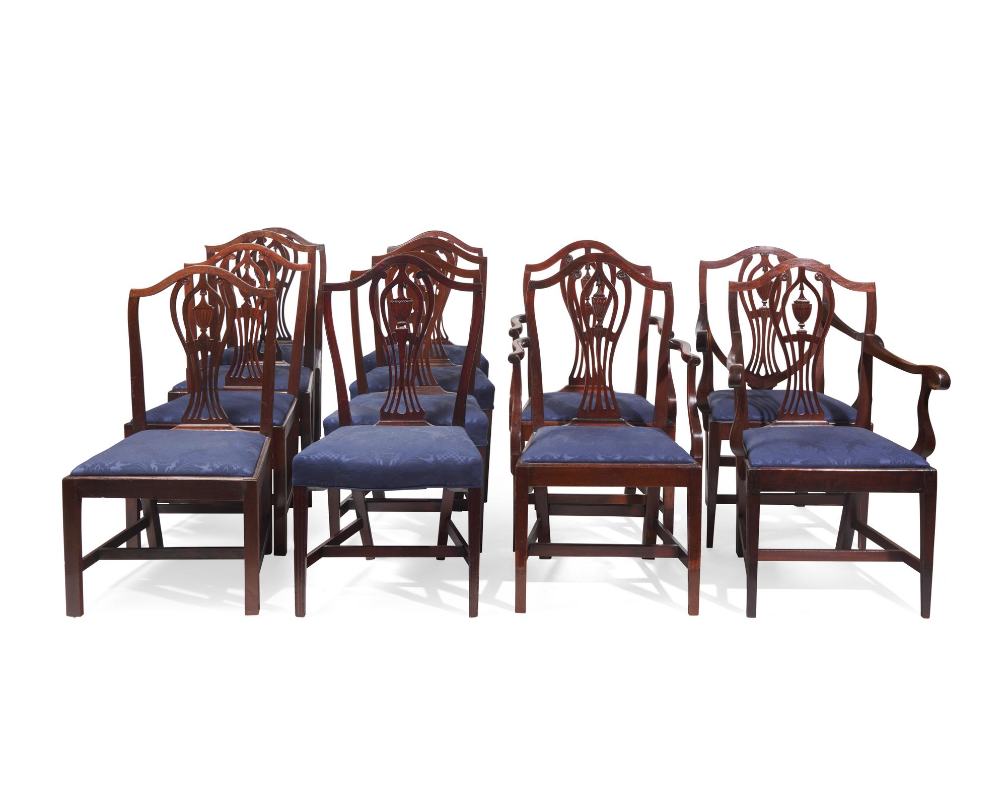 An assembled group of twelve Federal mahogany pedestal-back dining chairs, Massachusetts, circa 1790-1800
