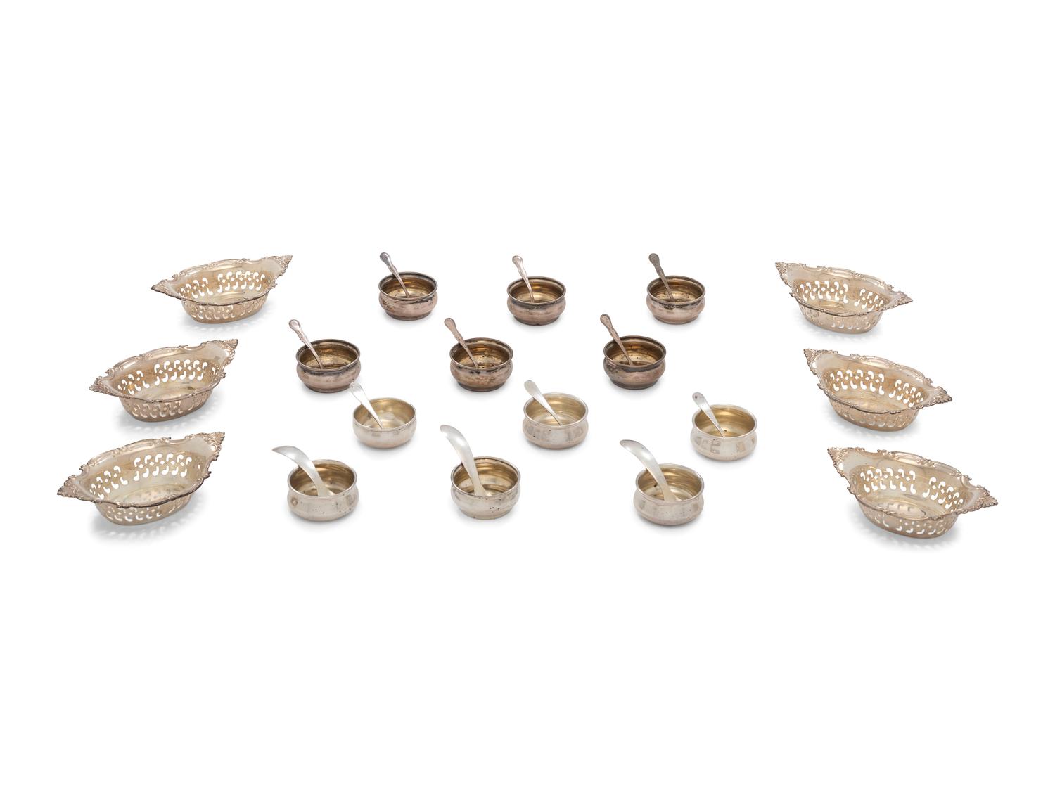 Eighteen American Silver Salt Cellars and Twelve Associated Silver Salt Spoons