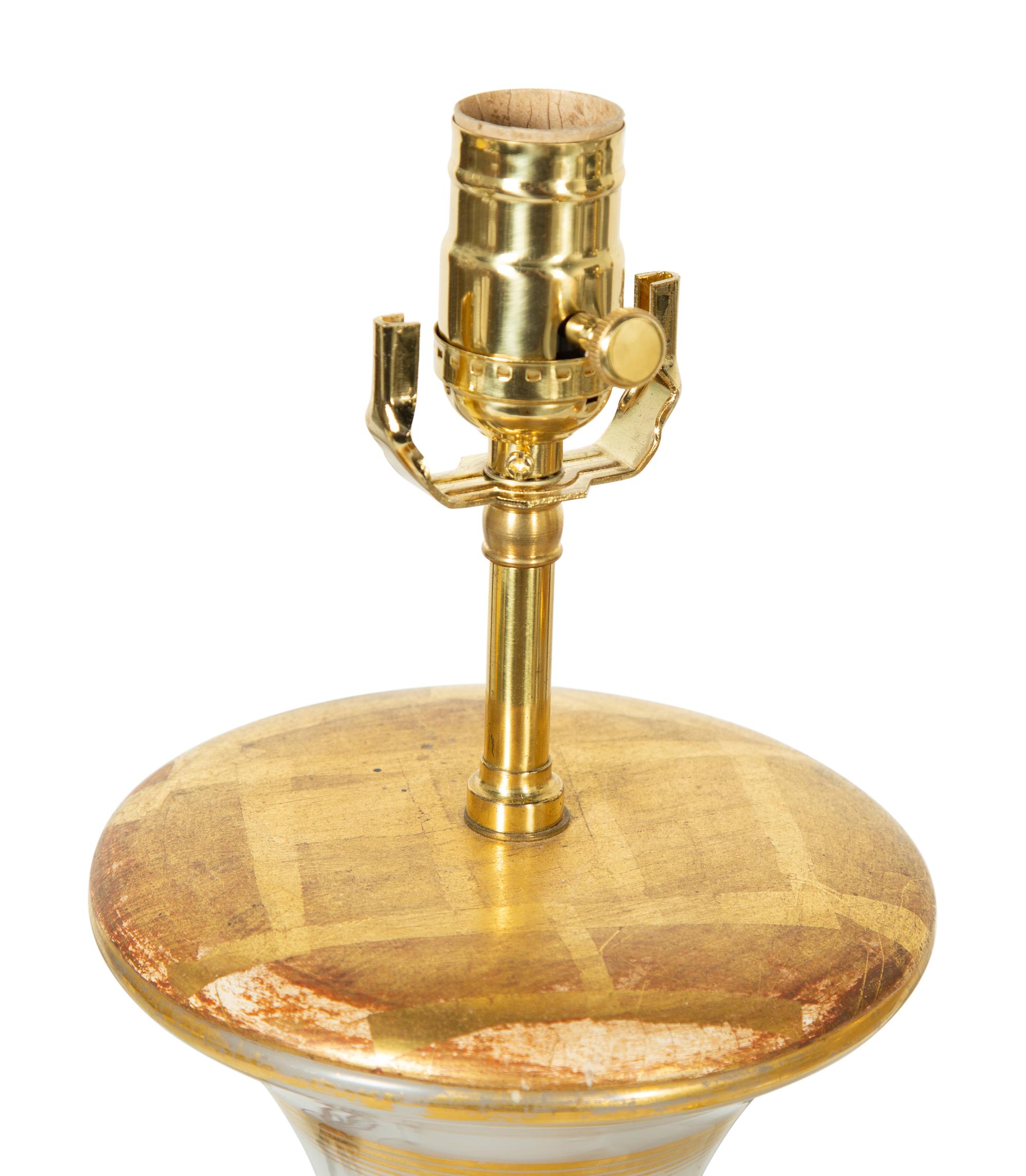 A Pair of Gilt Decorated Opaline Glass Lamps with Giltwood Mounts