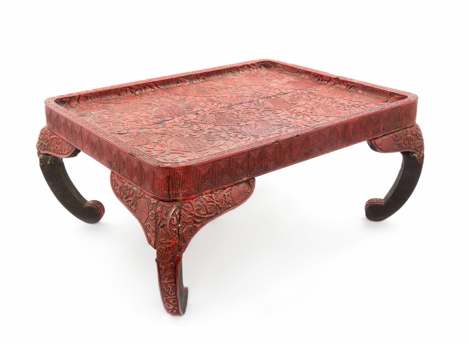 A Cinnabar Larquer Table Height 11 x length 24 x depth 18 inches.
