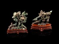 Two Chinese Spinach Jade Figural Groups of Birds