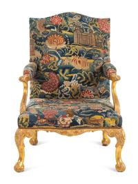 A George II Petit Point and Gros Point-Upholstered Gilt-Gesso Library Armchair