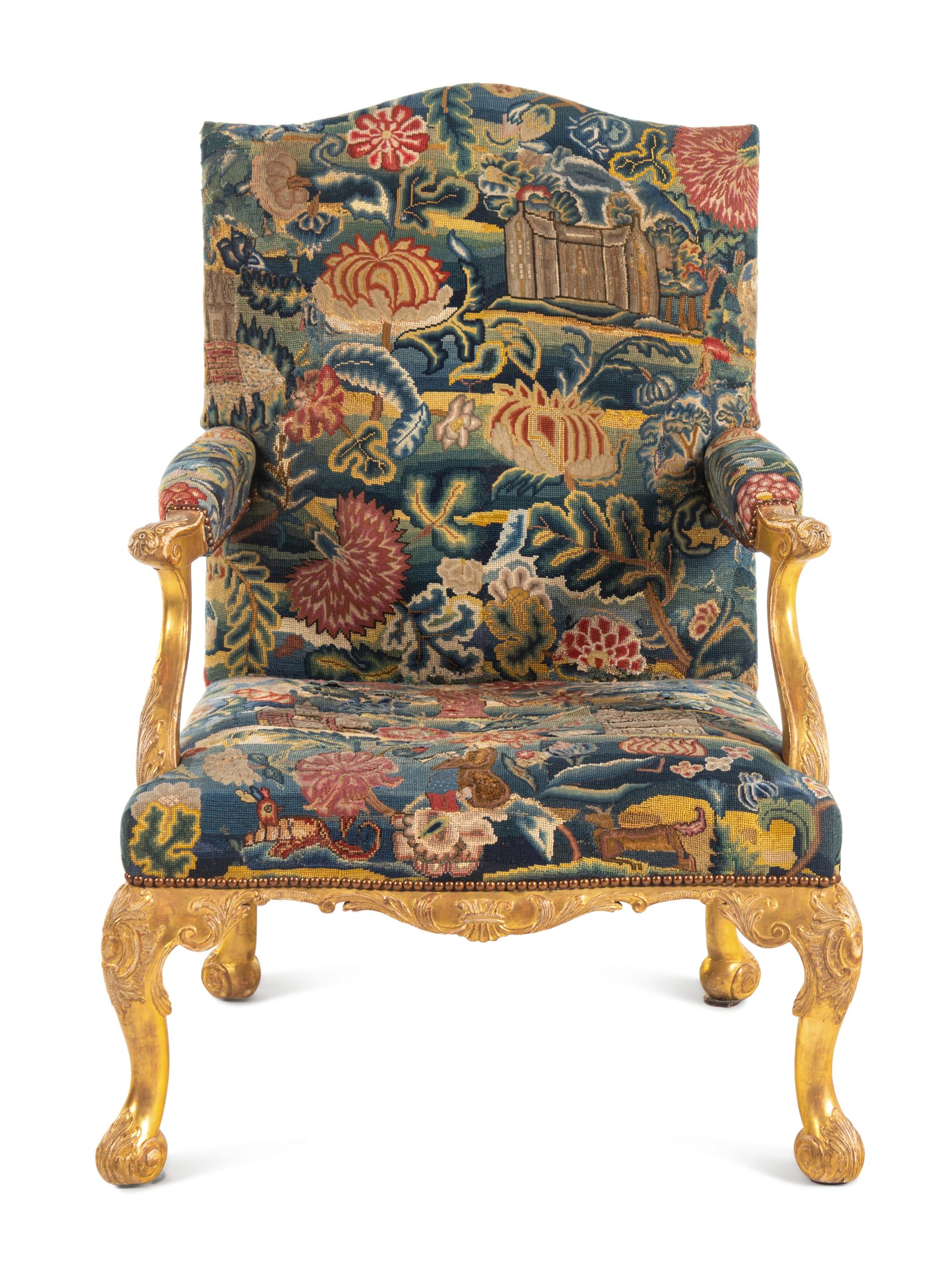 A George II Petit Point and Gros Point-Upholstered Gilt-Gesso Library Armchair