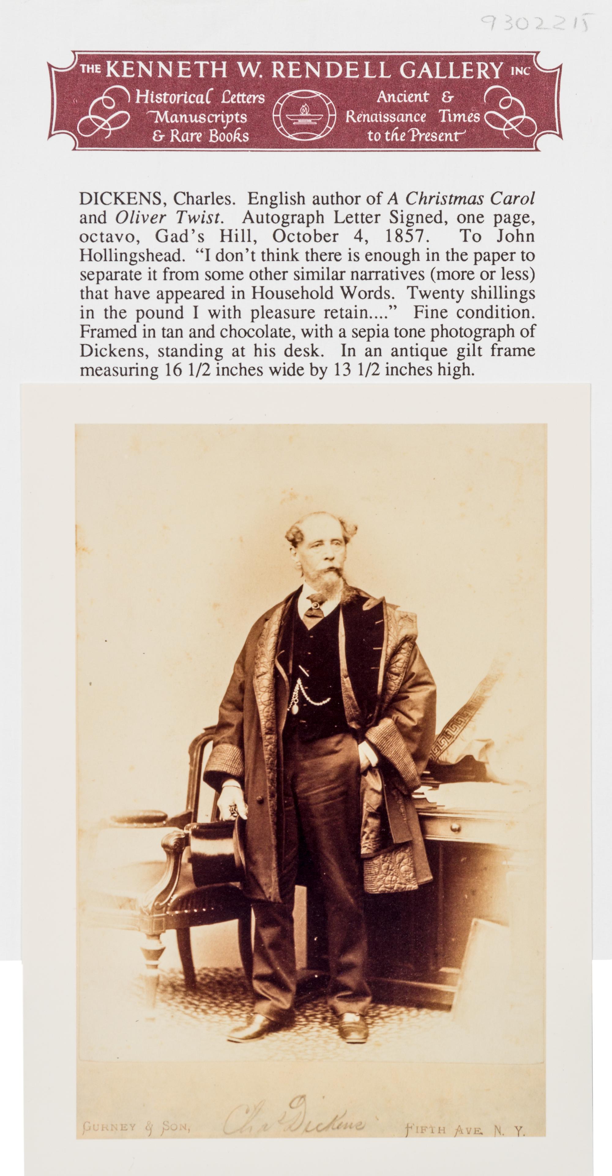 DICKENS, Charles (1812-1870). Autograph letter signed ("Charles Dickens"), to John Hollingshead. Gad's Hill, 4 October 1857.