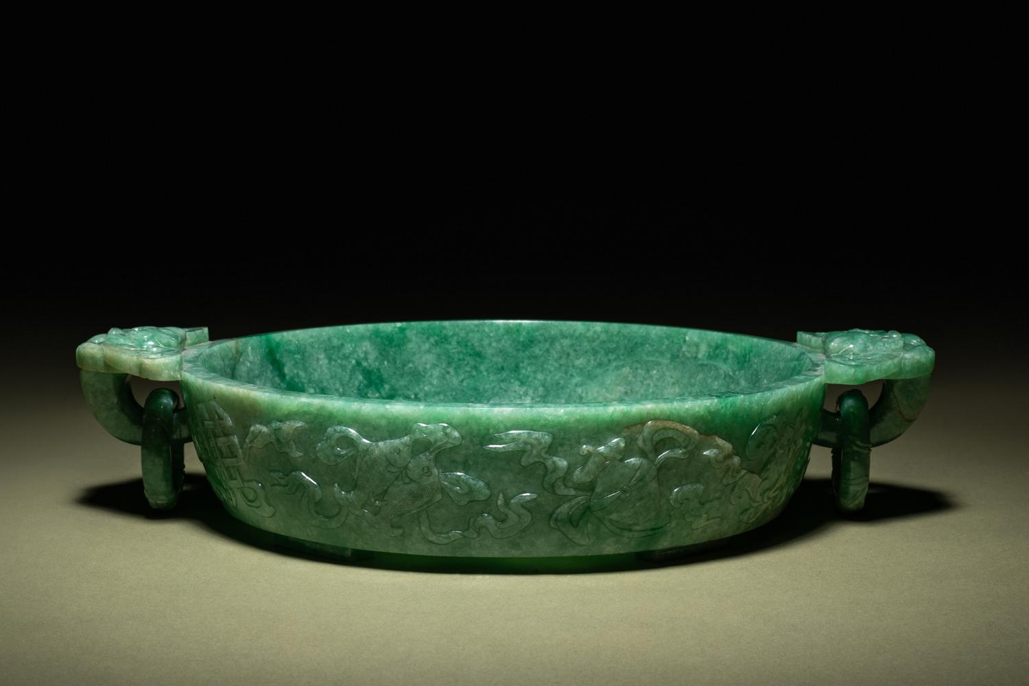 A Mottled Green Jadeite Marriage Bowl