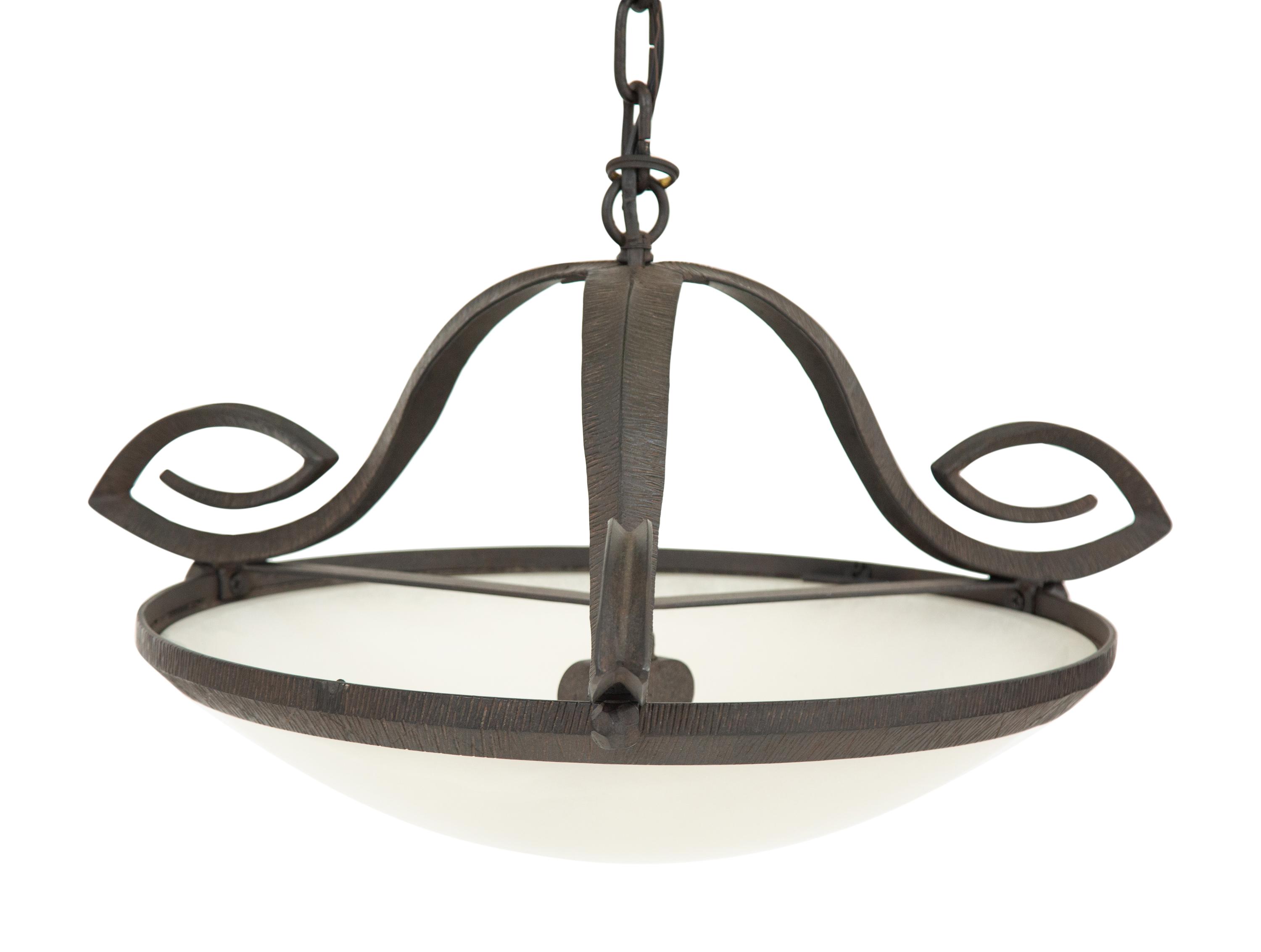 A Pair of Paul Ferrante Argyle Iron and Alabaster Pendant Lights