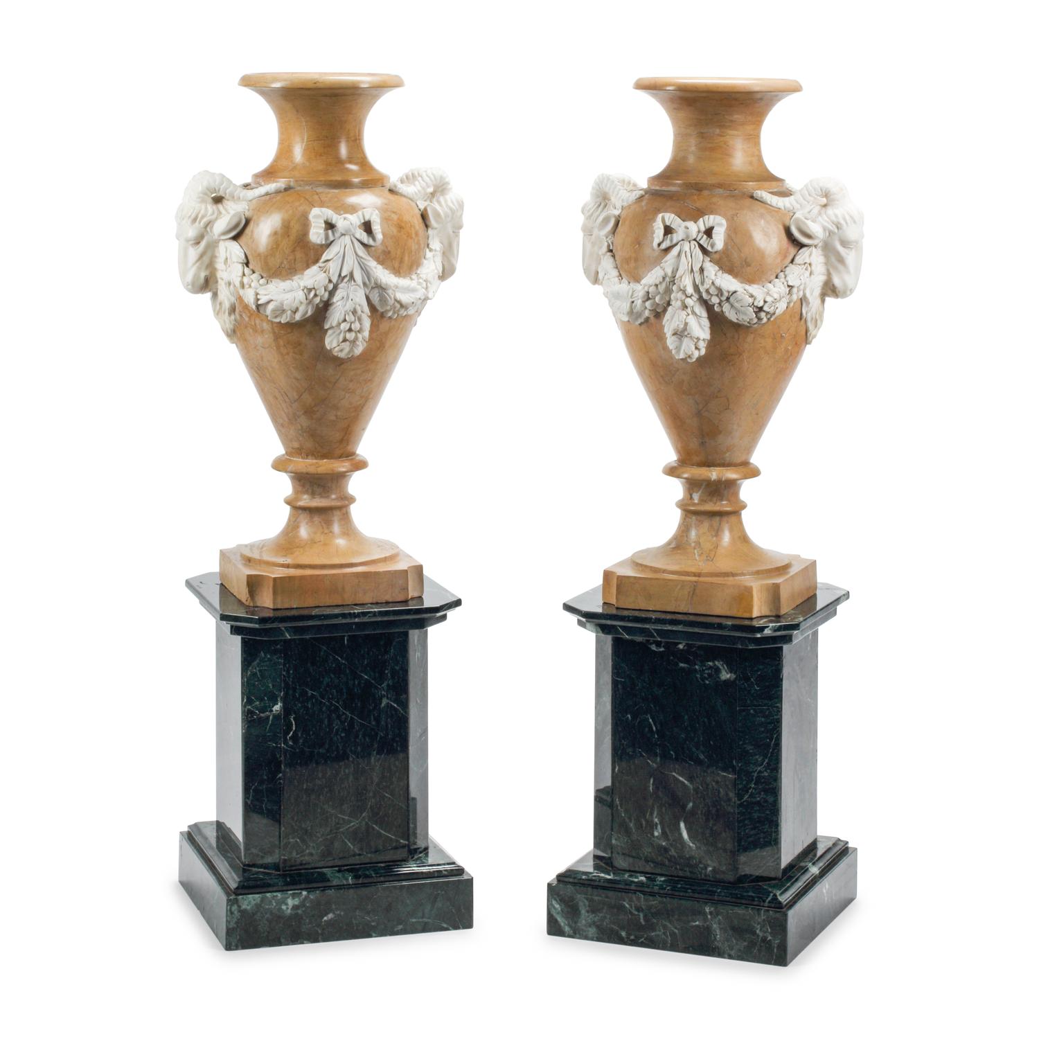 A Pair of Italian Carved Marble Vases on Stands