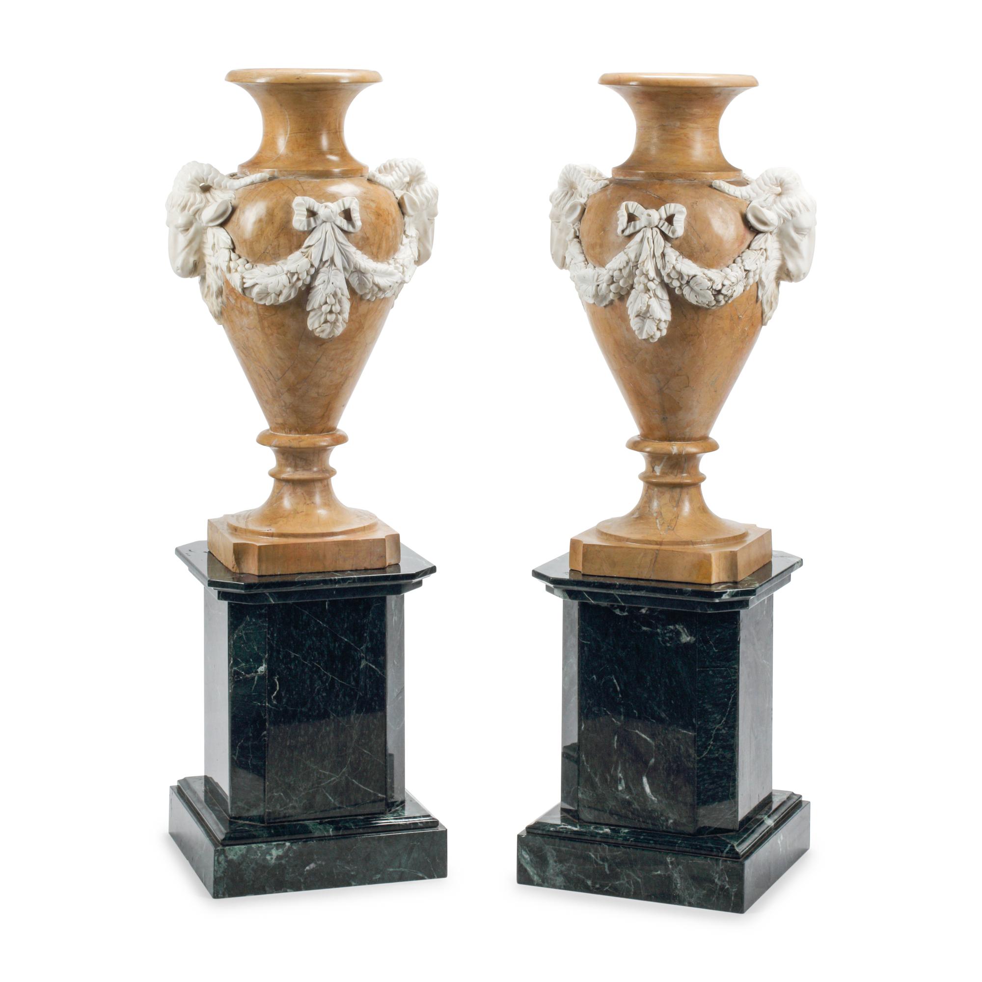 A Pair of Italian Carved Marble Vases on Stands