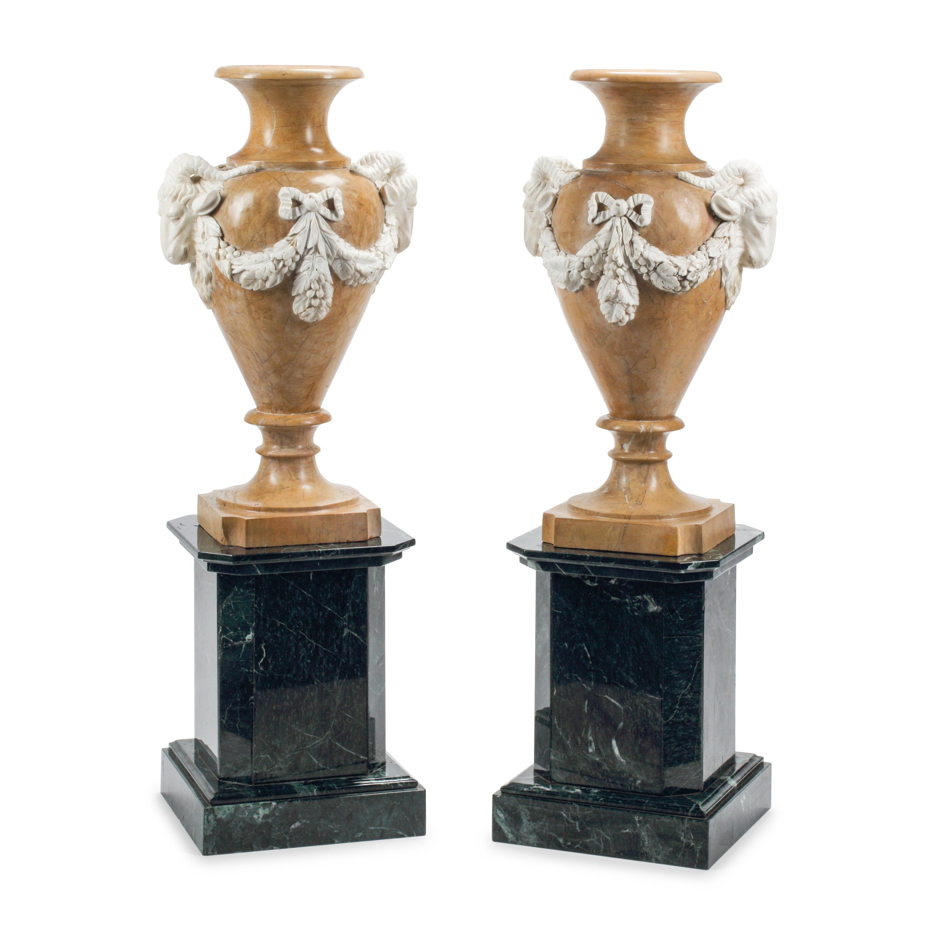 A Pair of Italian Carved Marble Vases on Stands