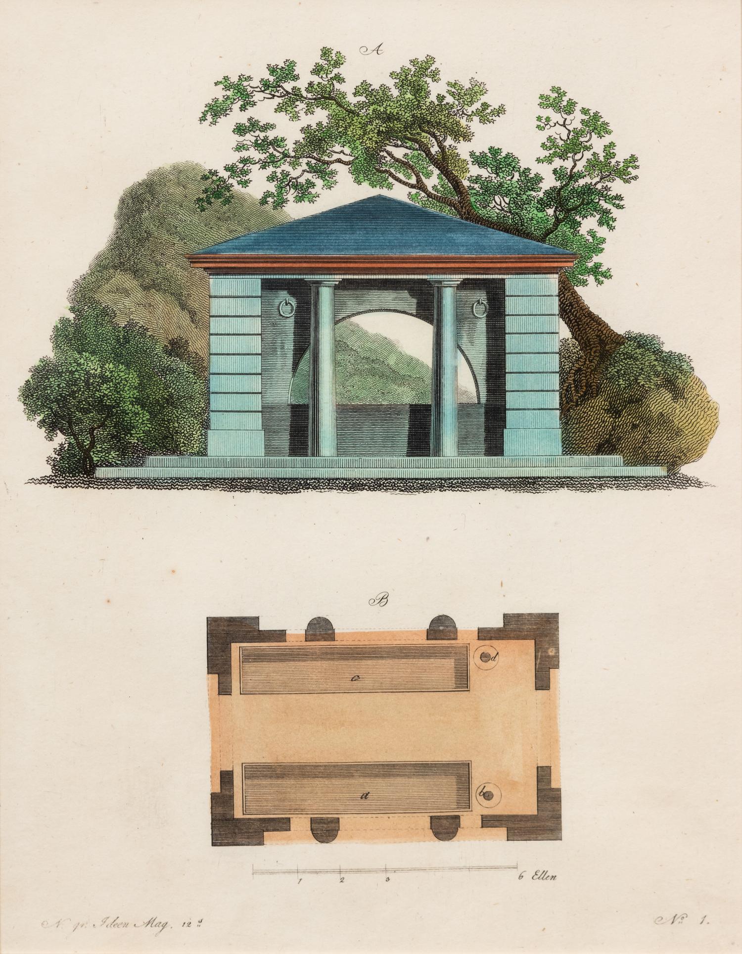 A Collection of Gilt Framed Hand Colored Engravings of Follies Framed size 12 3/8 x 15 3/8 inches. — 19TH CENTURY