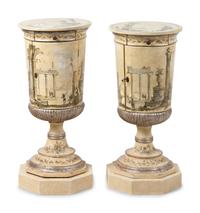 A Pair of English Painted Pedestal Cabinets with Grisaille Landscapes