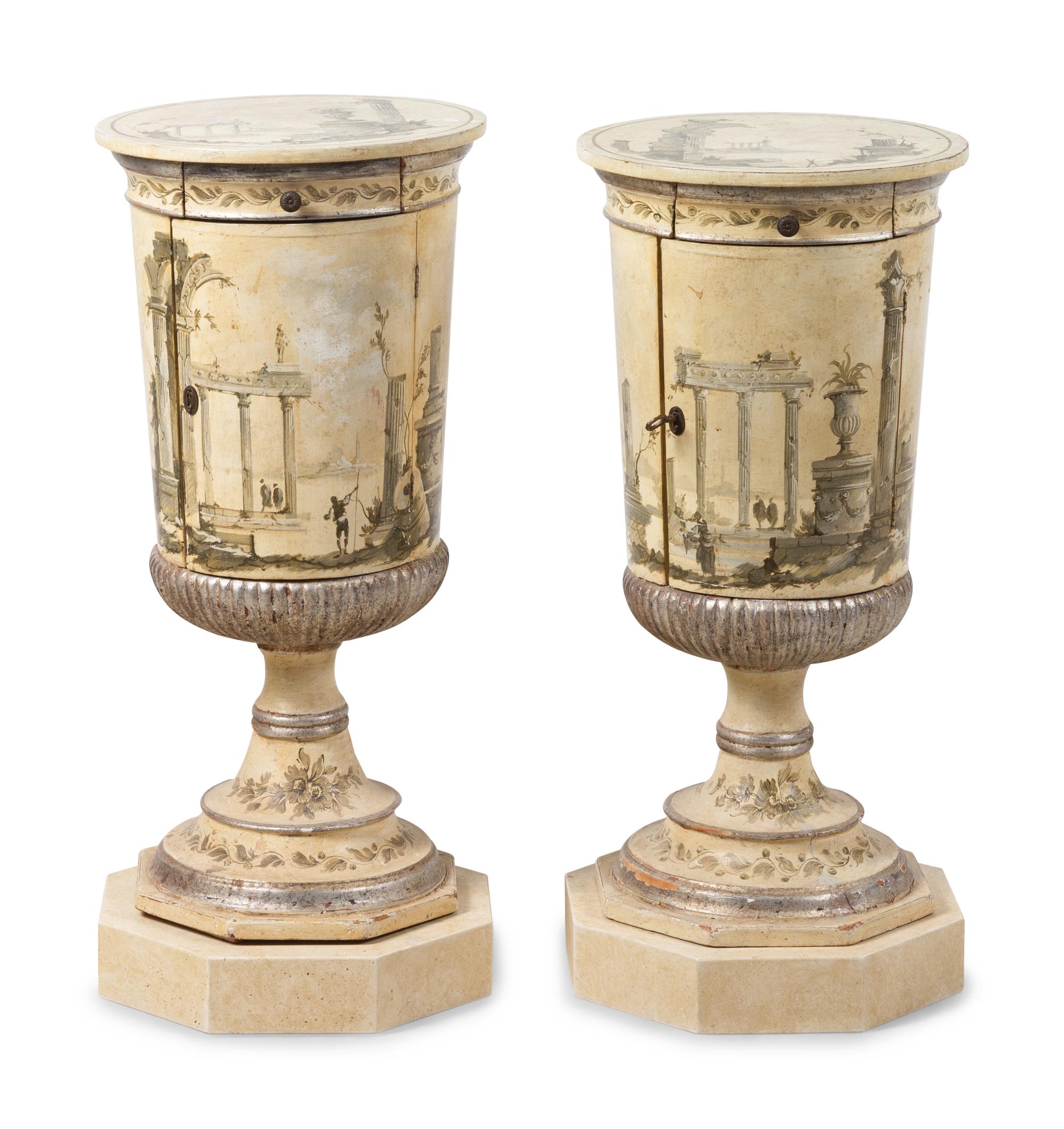 A Pair of English Painted Pedestal Cabinets with Grisaille Landscapes