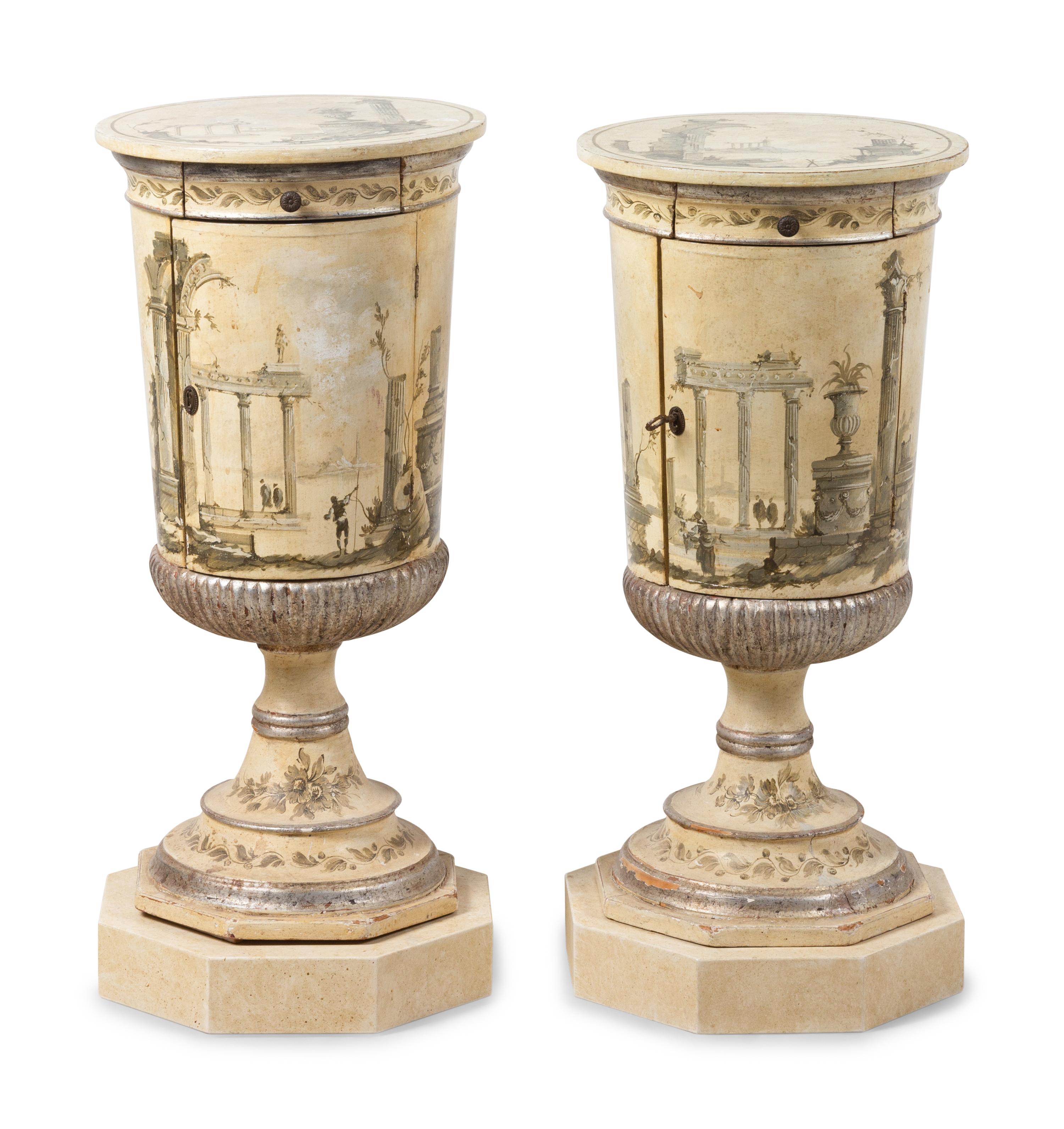 A Pair of English Painted Pedestal Cabinets with Grisaille Landscapes