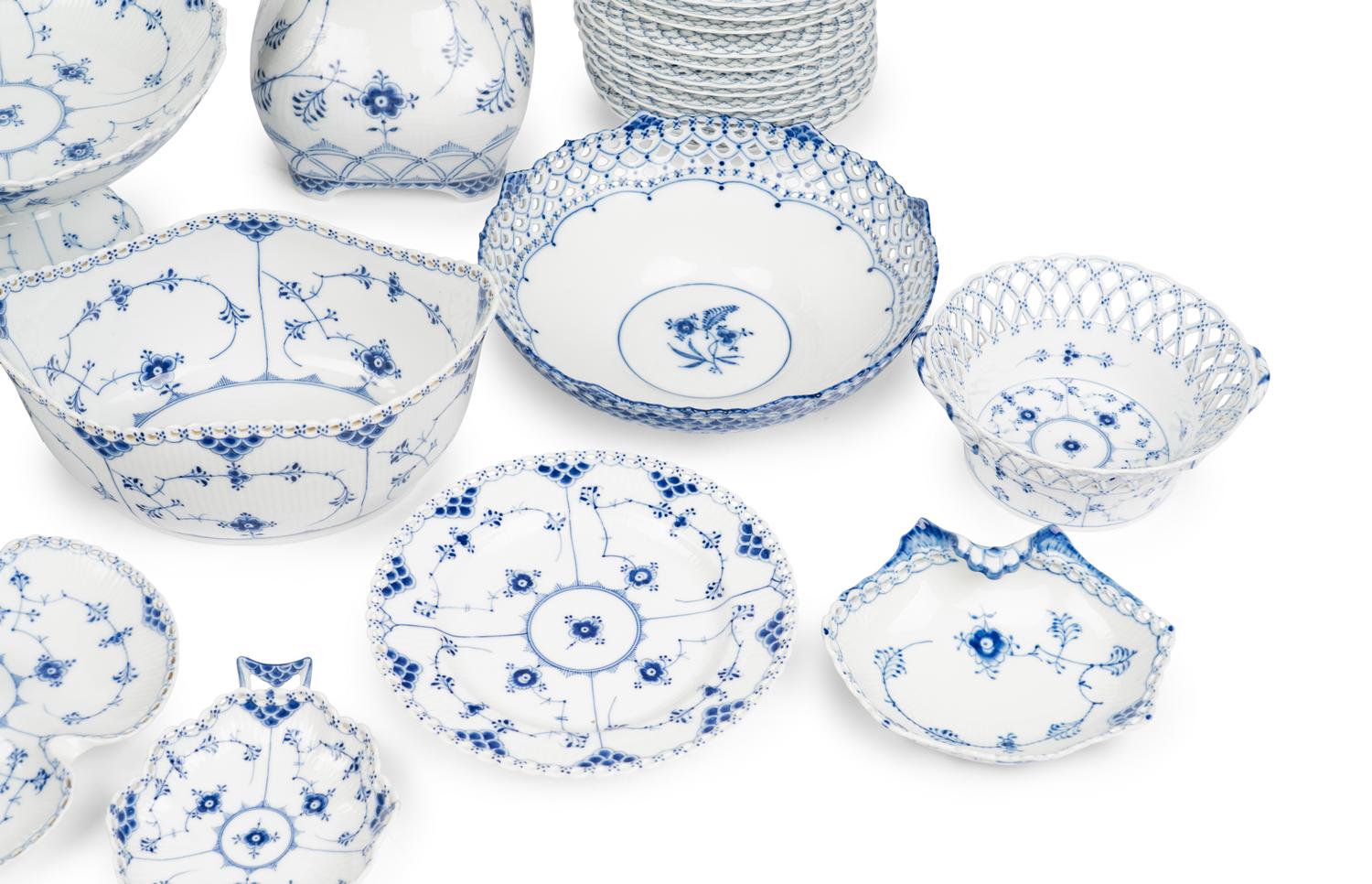 An Assembled Royal Copenhagen Blue Fluted Full Lace Porcelain Partial Dessert Service