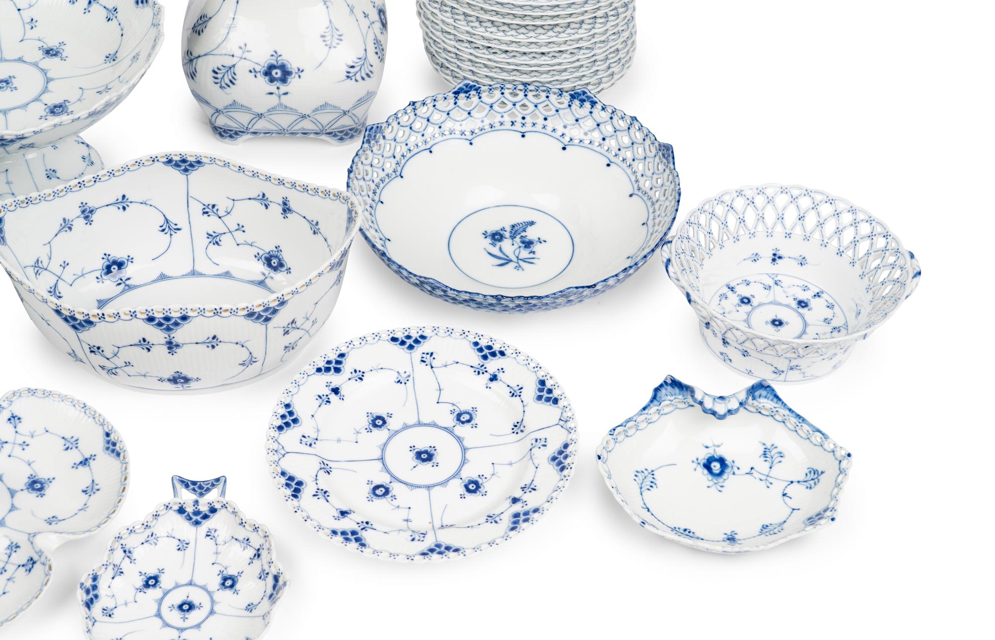 An Assembled Royal Copenhagen Blue Fluted Full Lace Porcelain Partial Dessert Service