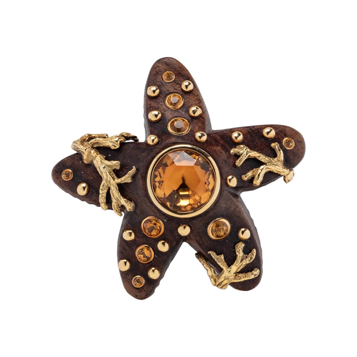 SEAMAN SCHEPPS, WOOD, CITRINE, AND YELLOW GOLD STARFISH BROOCH