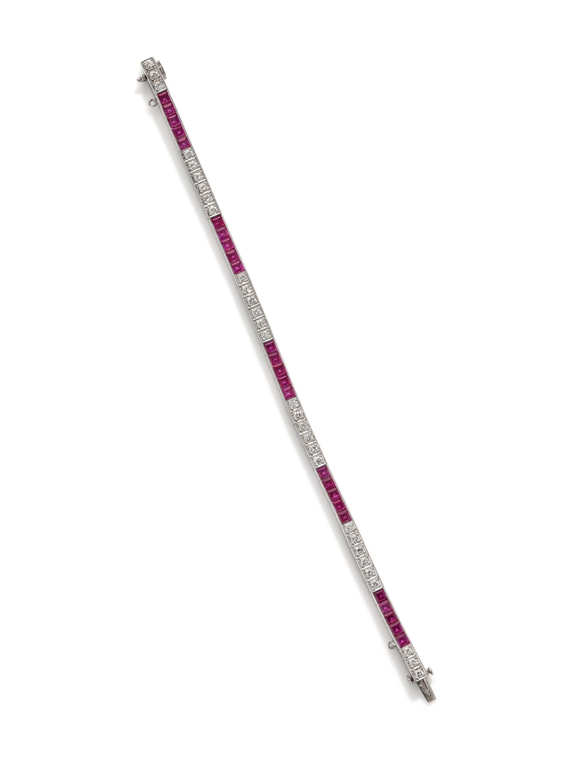 WHITE GOLD, SYNTHETIC RUBY, AND DIAMOND LINE BRACELET