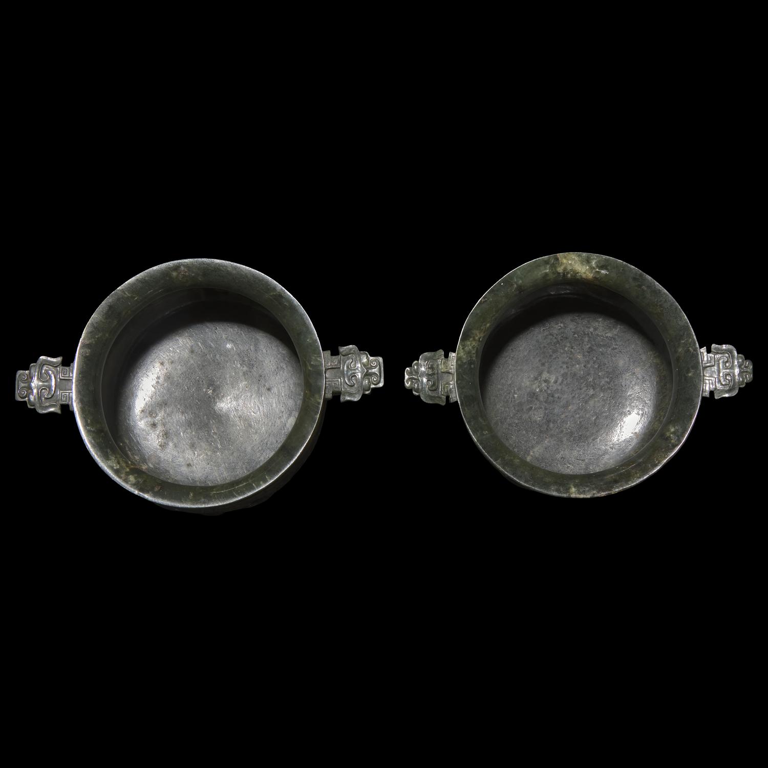 An Associated Pair of Chinese Spinach Green Jade Archaistic Censers, Gui 碧玉仿古紋簋一對